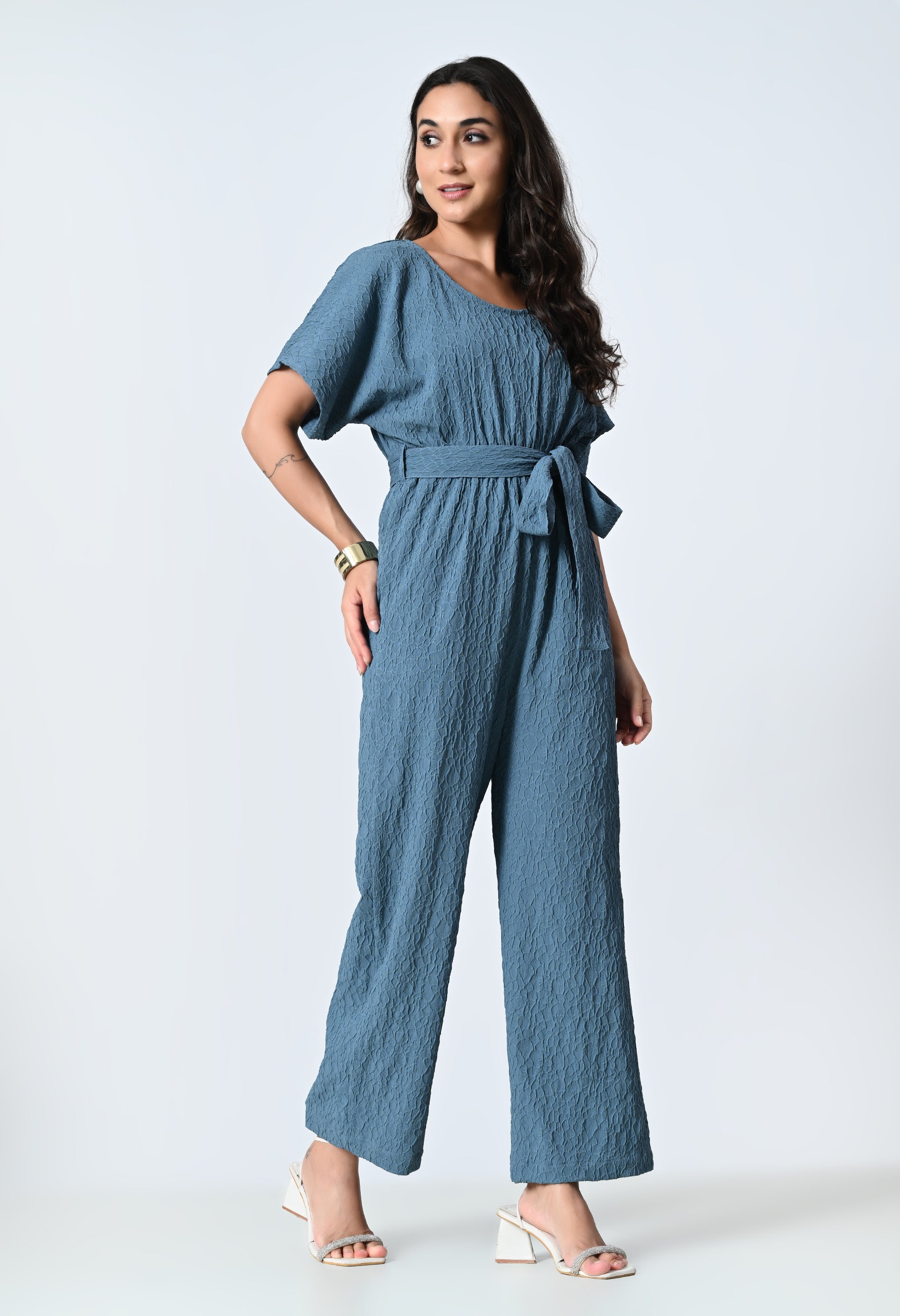Purple Self Design Half Sleeve Jumpsuit for Women
