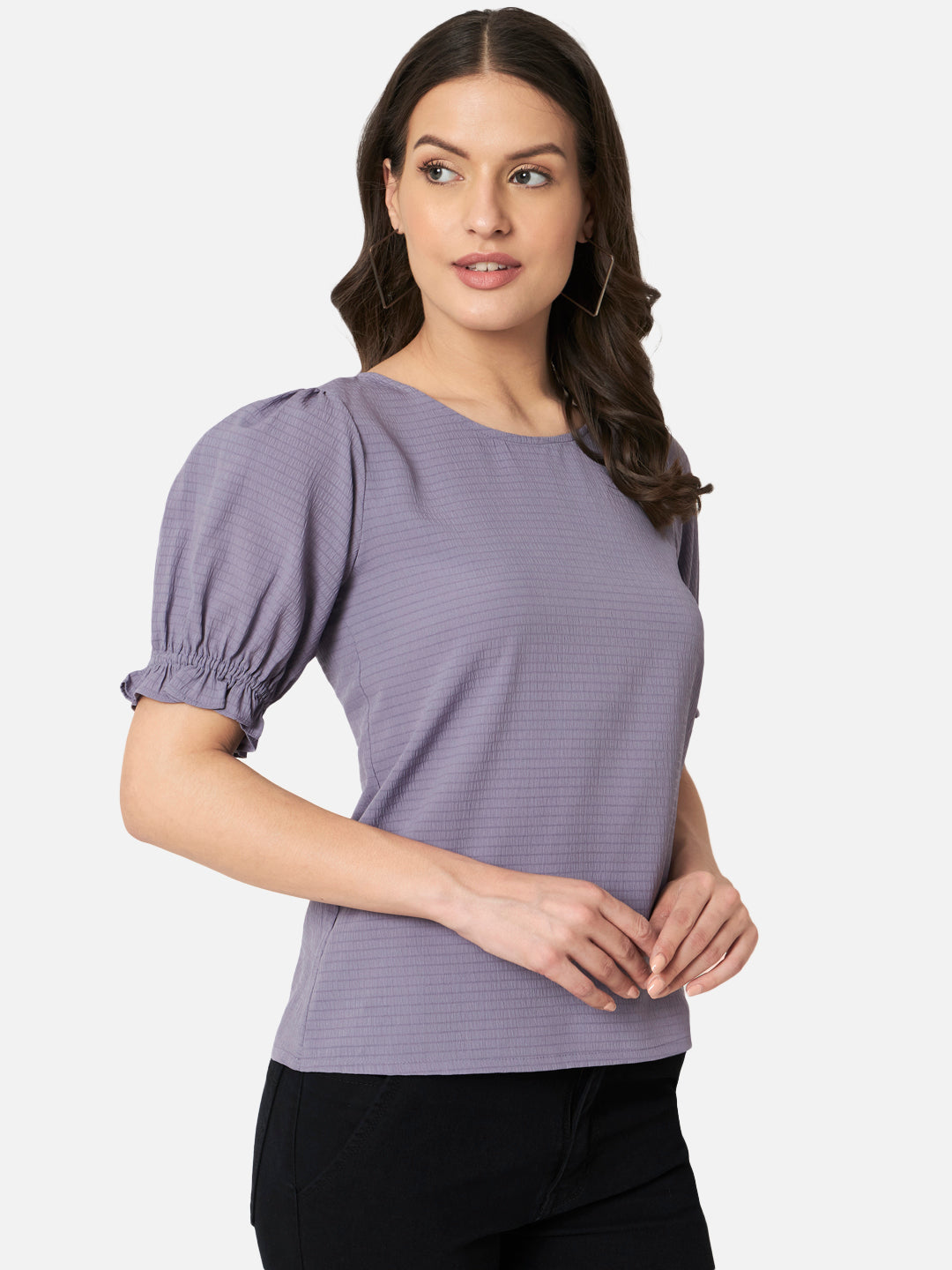 Purple Solid Half Sleeve Top for Women
