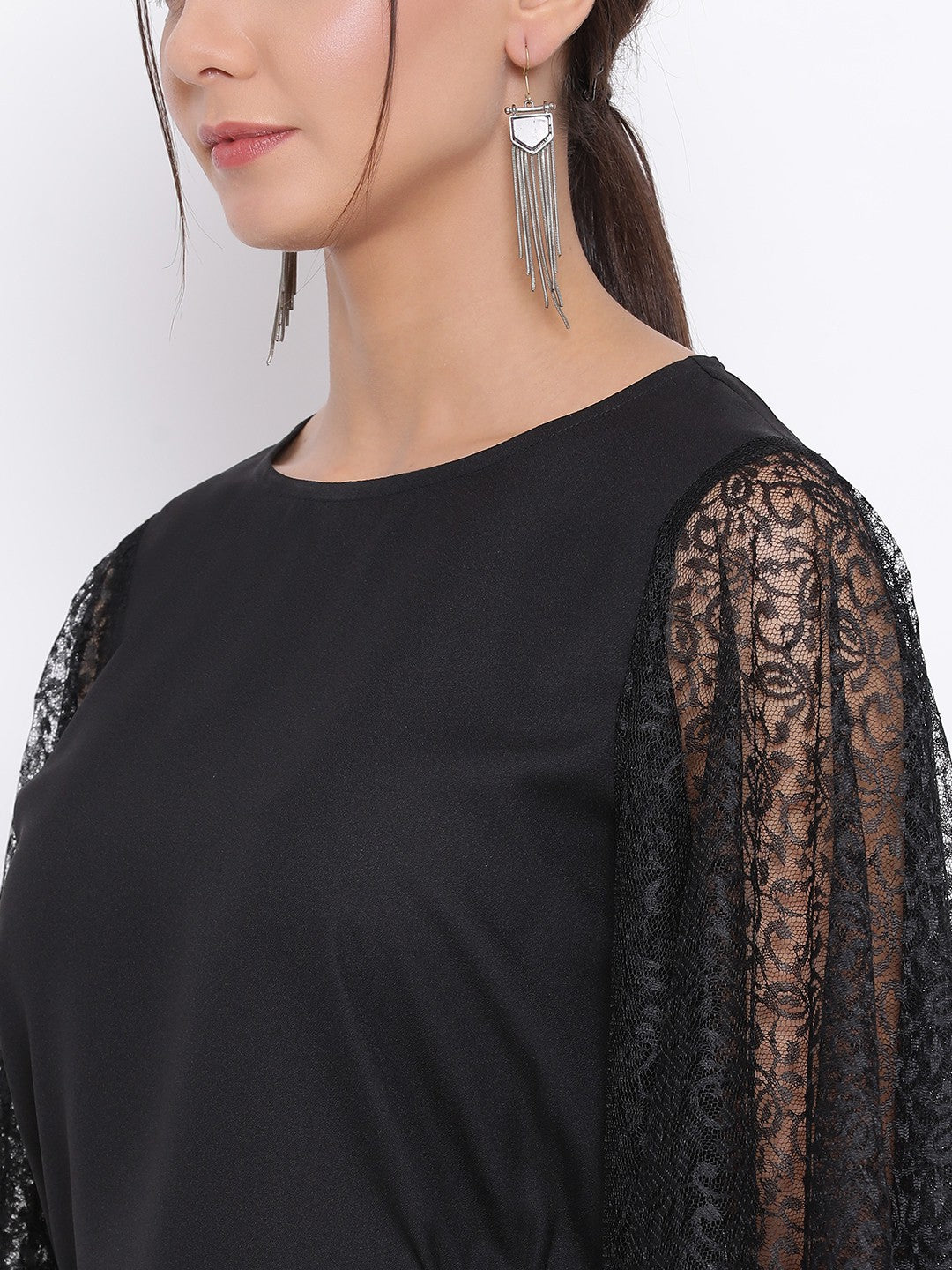 Black Flare Net Sleeve Top for Women