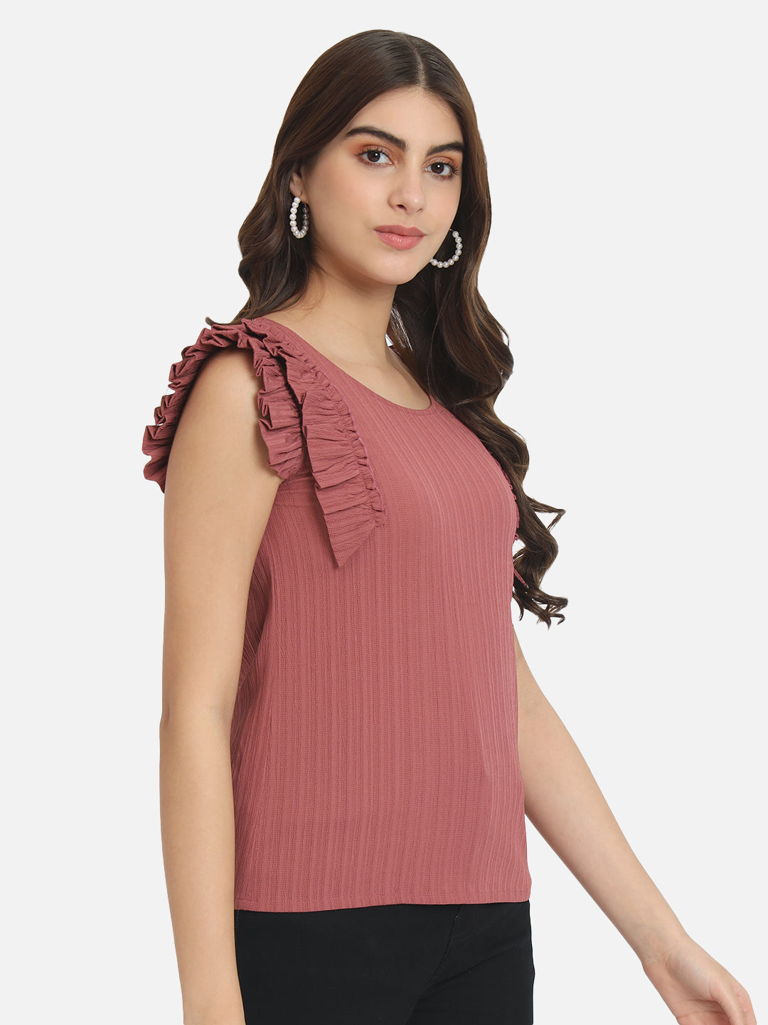 Pink Solid Round Neck Top for Women