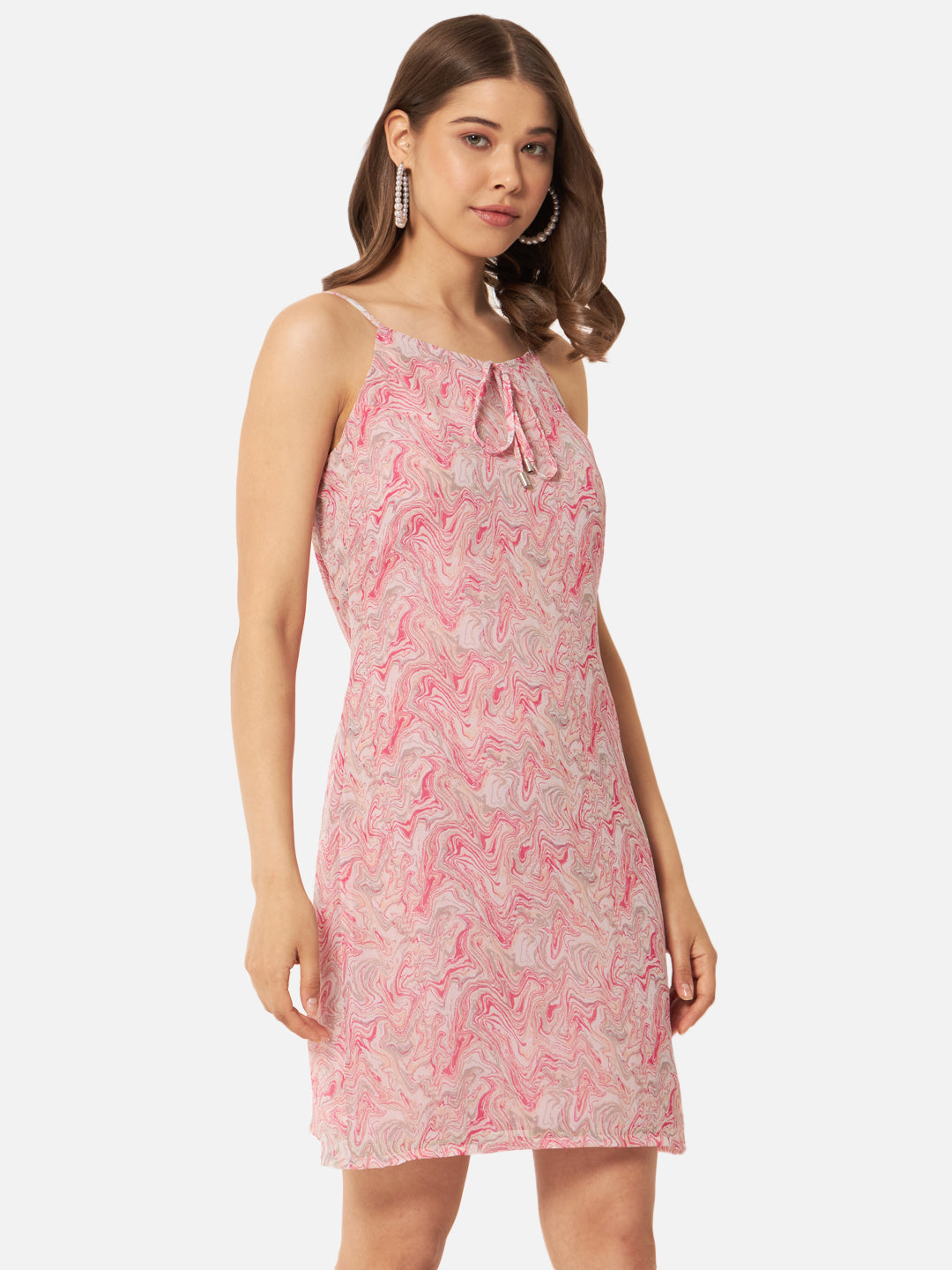 Pink White Tie-Dye Printed Sleeveless Dress for Women
