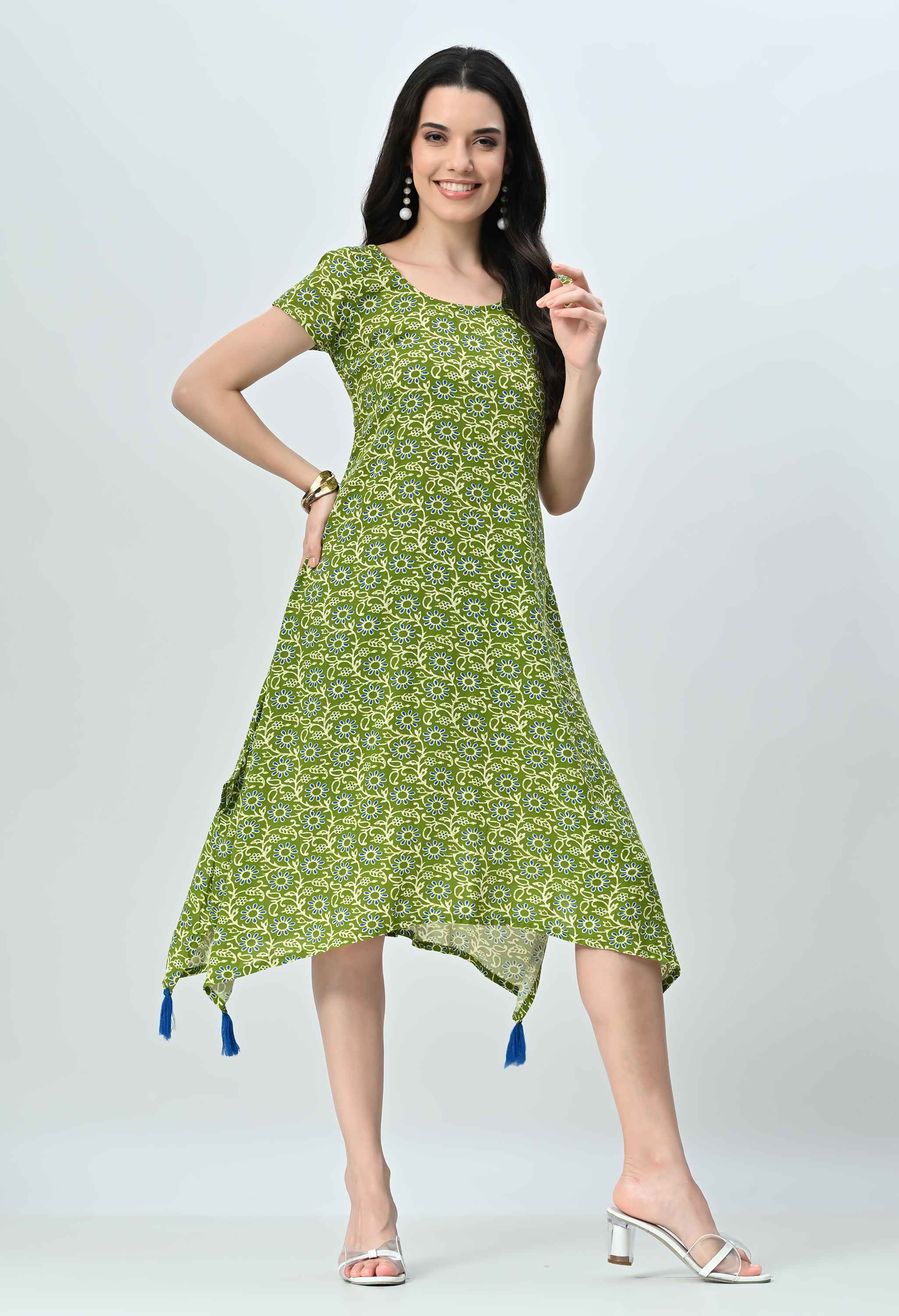 Green Floral Half Sleeve Dress for Women
