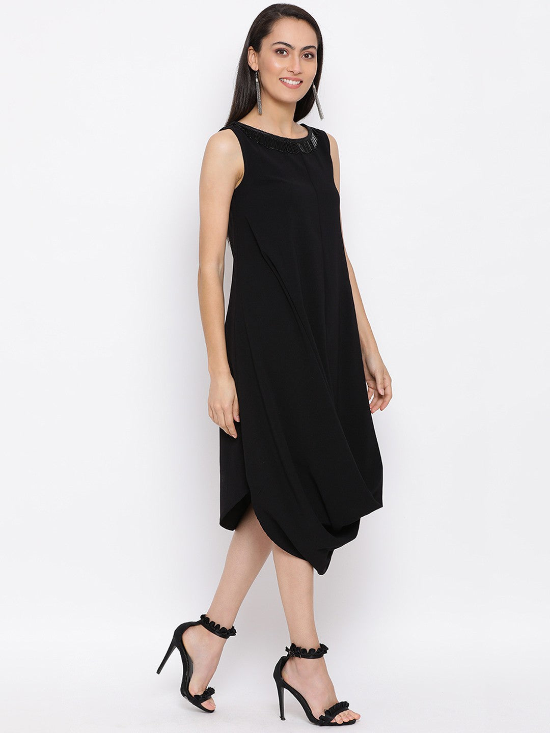 Solid Black Sleeveless Shift Dress for Women