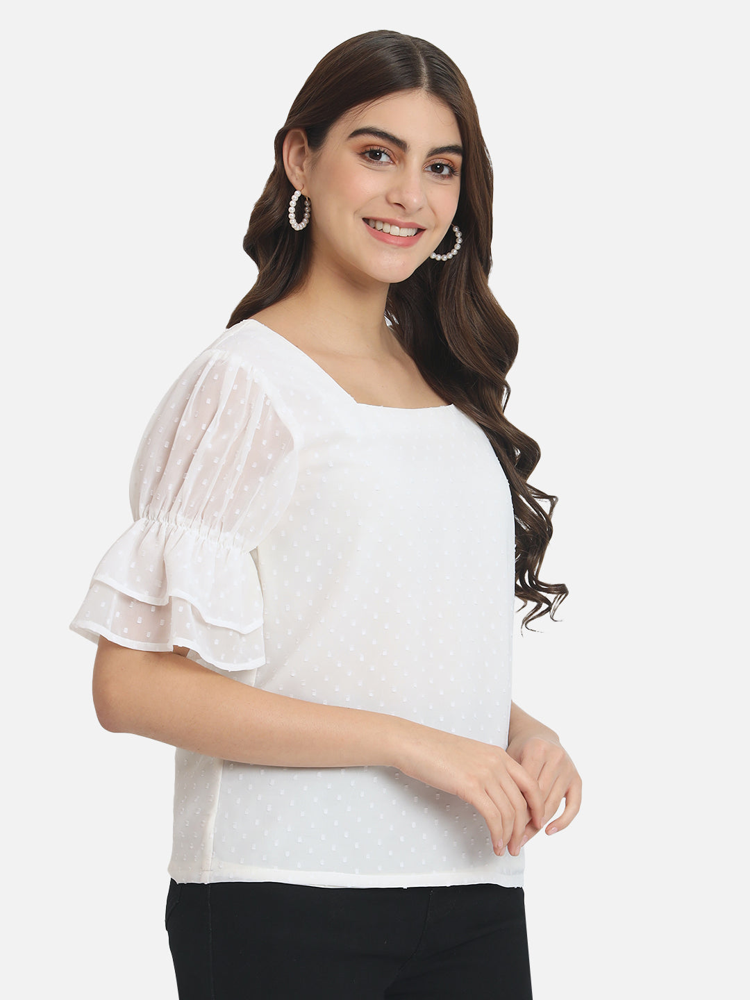 Cream Swiss Dot Square Neck Top for Women