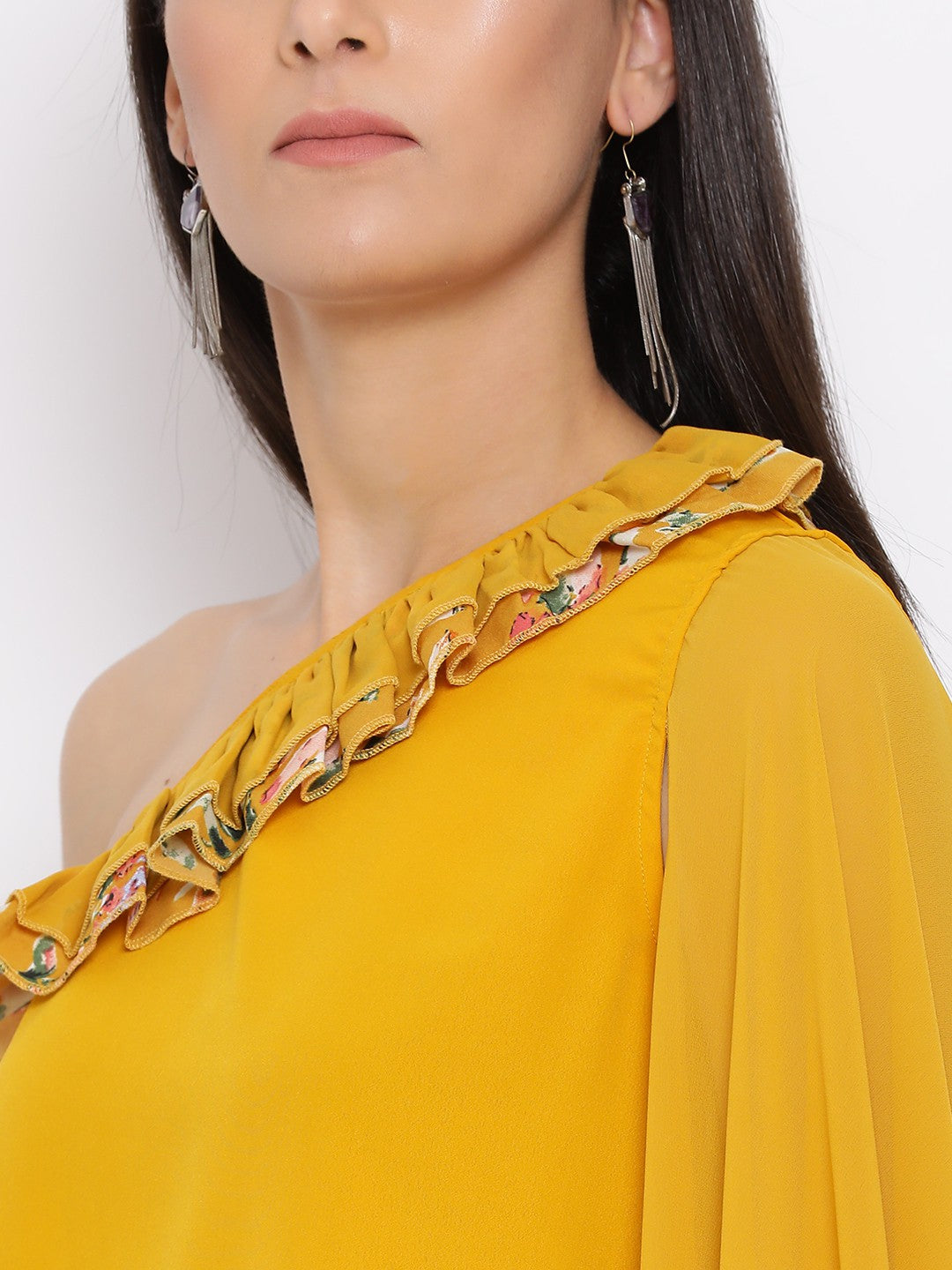 Yellow Solid Net One Shoulder Sleeve Top for Women
