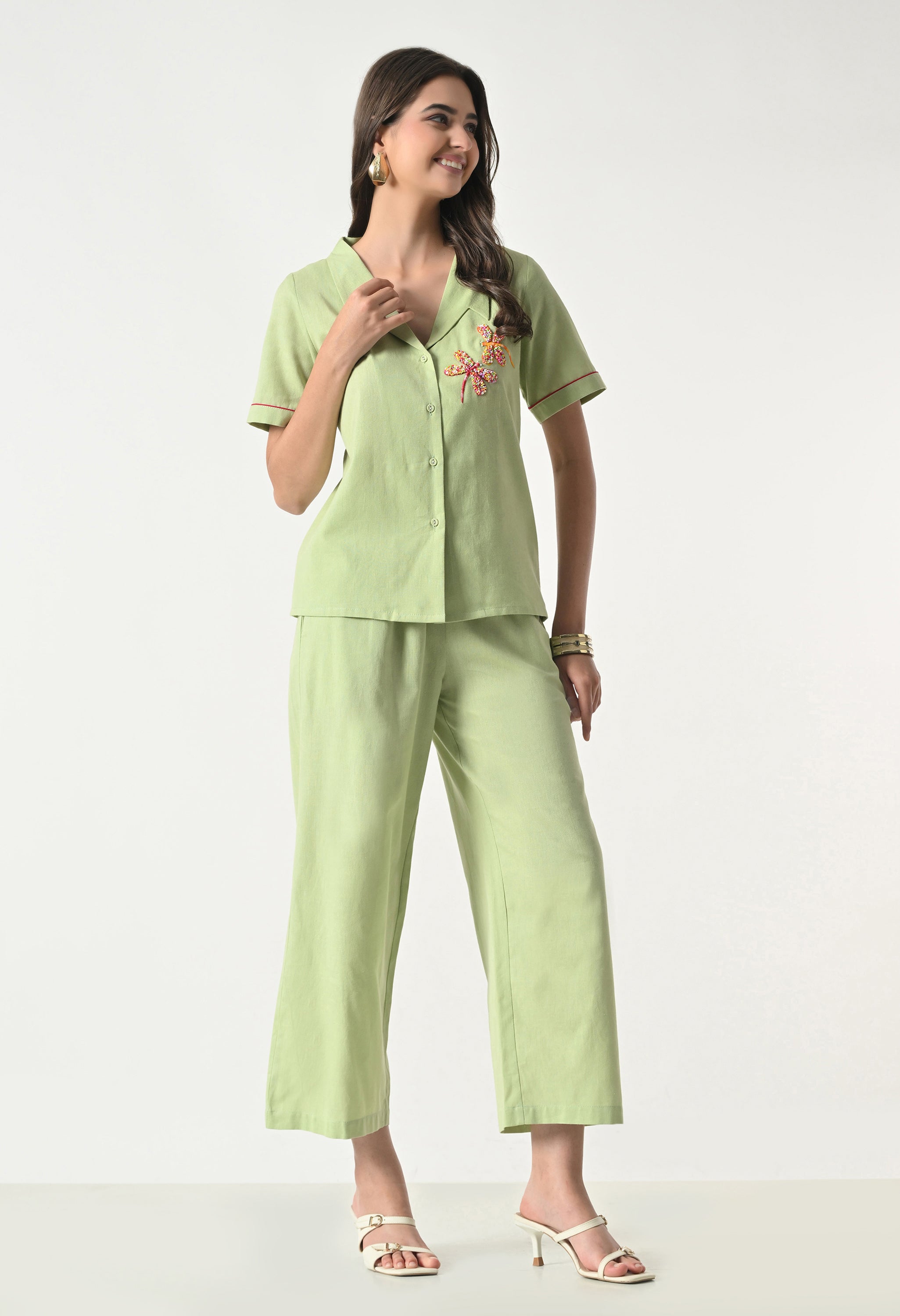 Women’s Green Floral Embroidery Half Sleeve Top & Palazzo Co-Ord Set