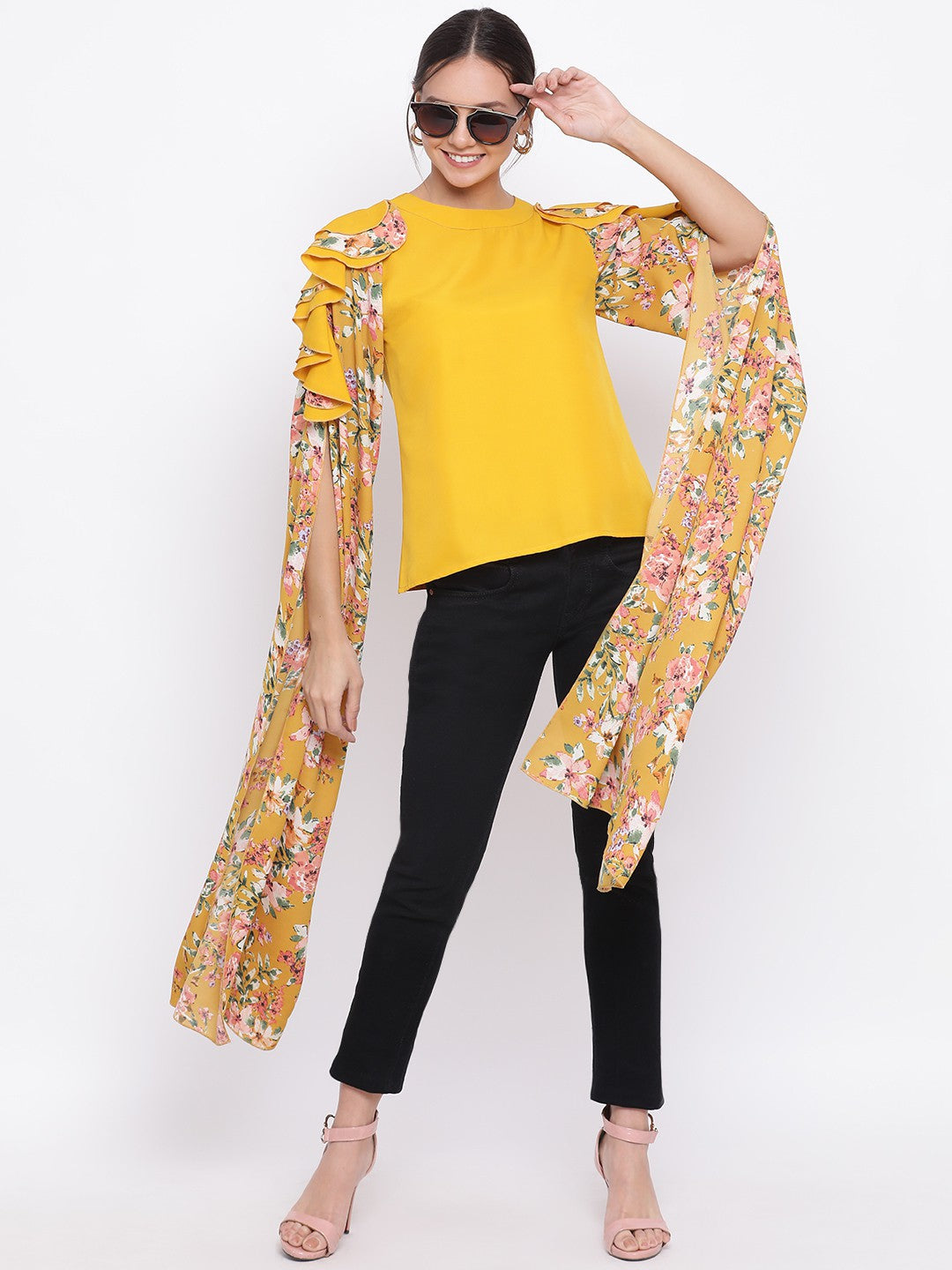 Yellow Long Floral Cut-out Sleeve Top for Women