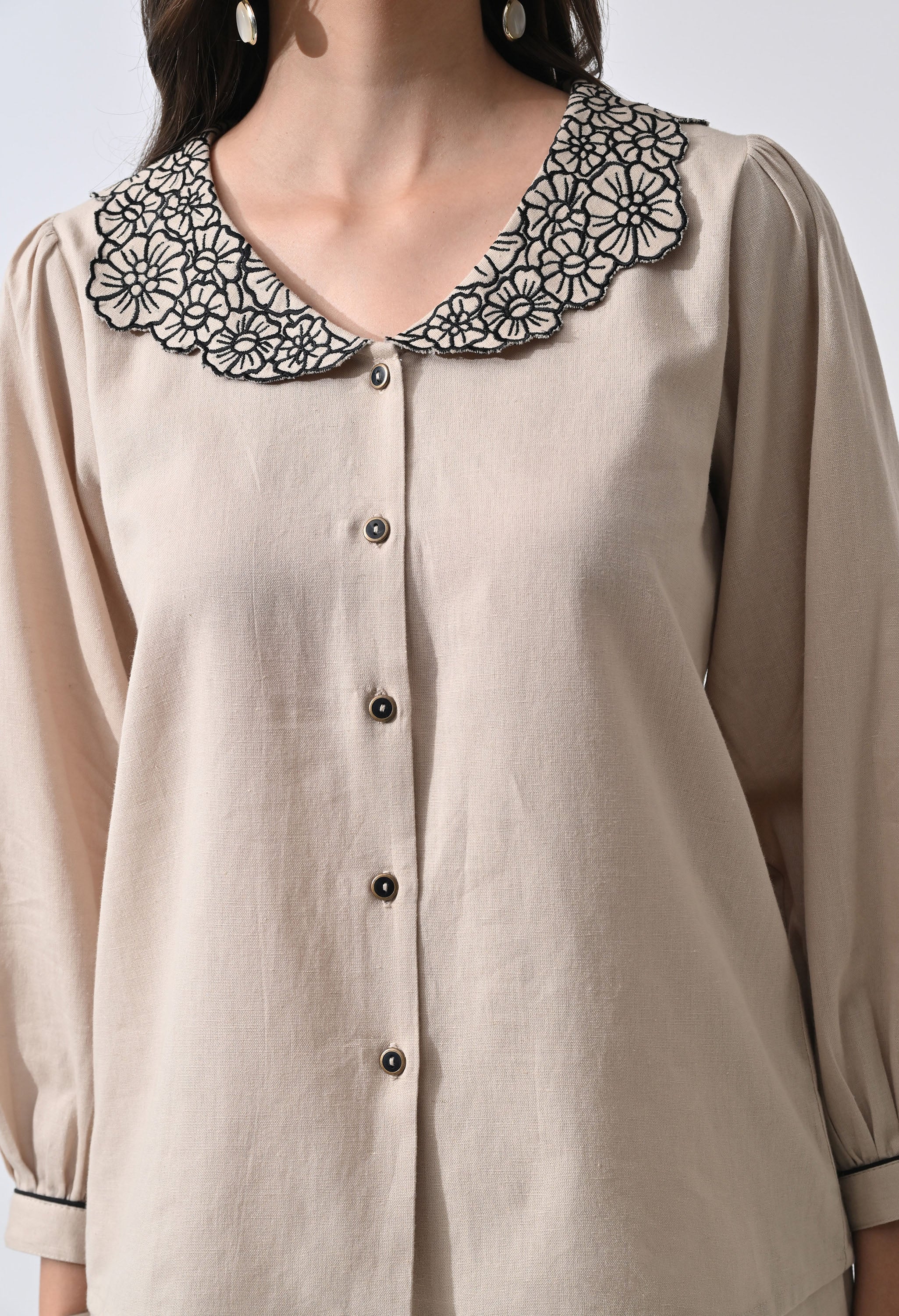 Women’s Beige Floral Embroidery Full Sleeve Top & Palazzo Co-Ord Set