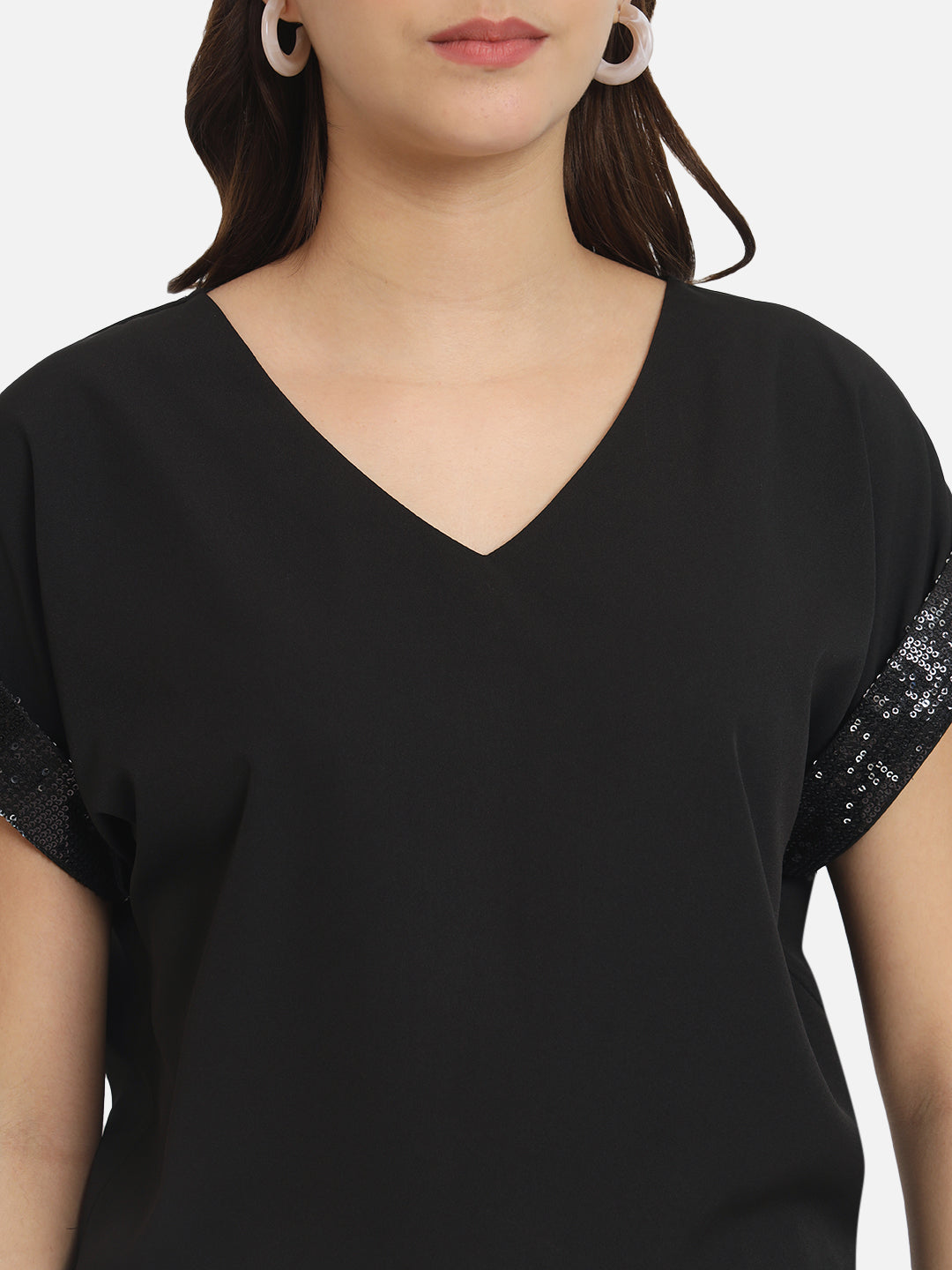 Solid Half Embellished Sleeve Top for Women