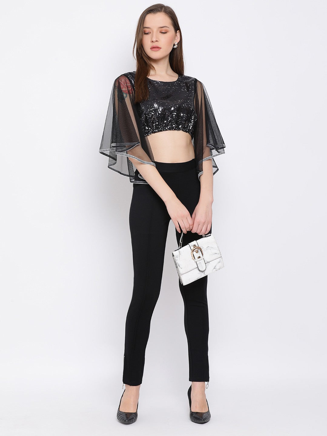 Black Embellished Net Sleeve Crop Top for Women