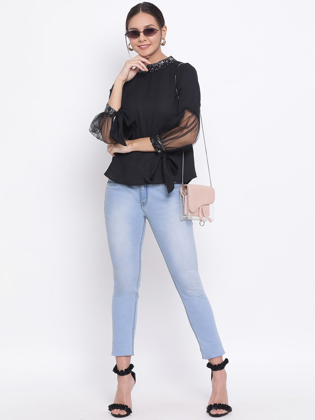 Black Embellished Neck Top for Women