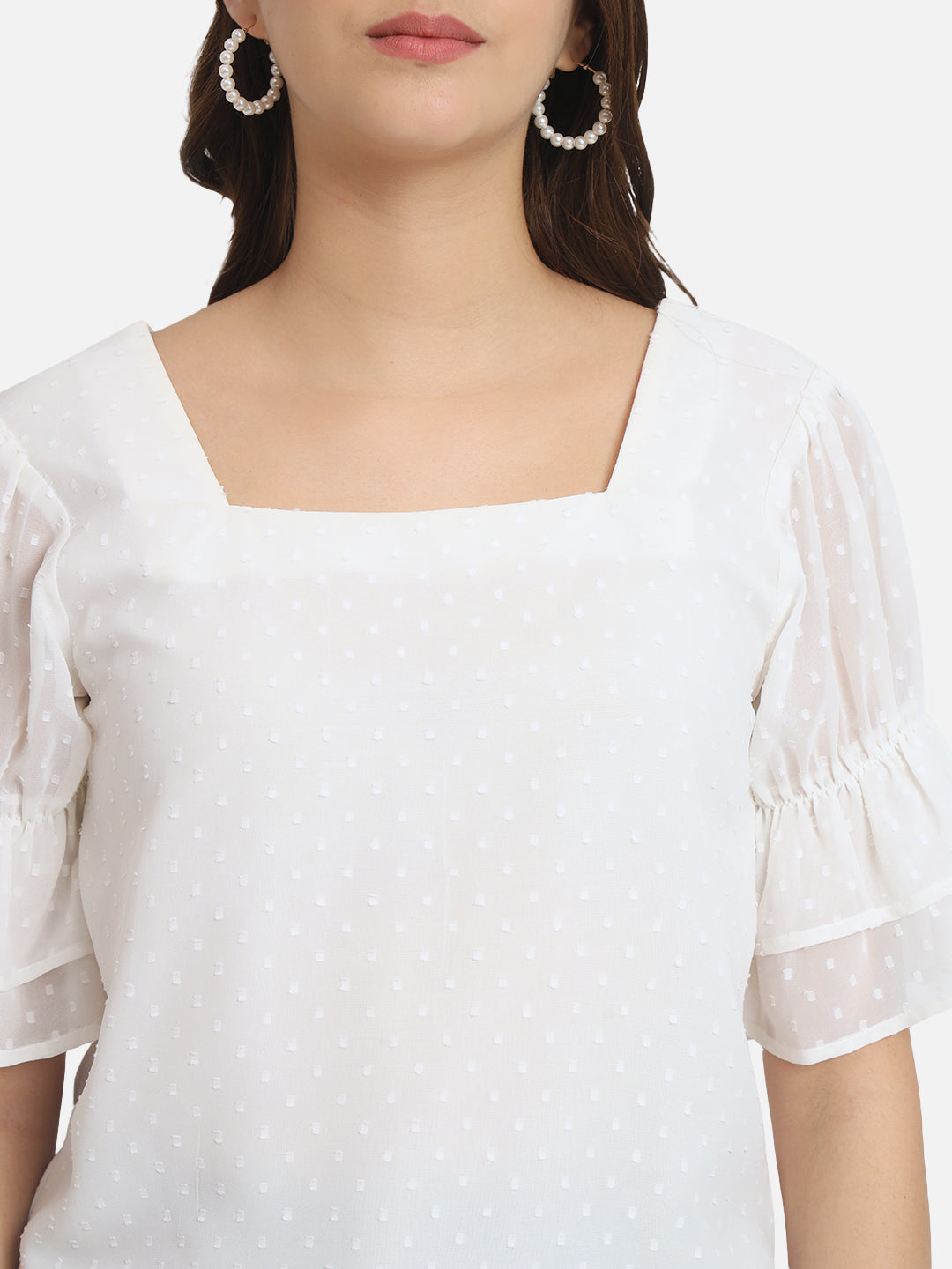Cream Swiss Dot Square Neck Top for Women
