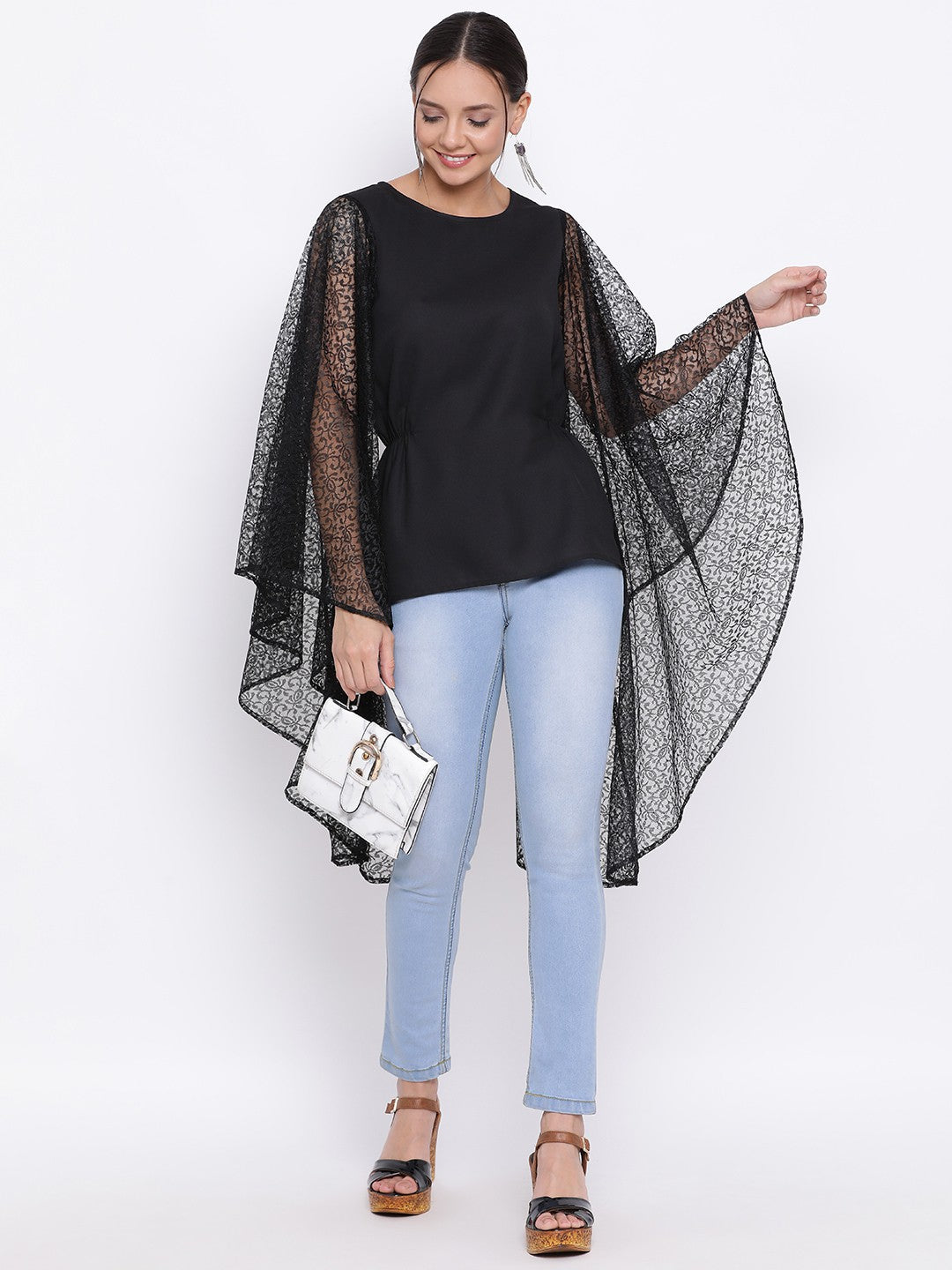 Black Flare Net Sleeve Top for Women