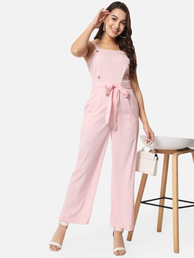 Pink Houndstooth Printed Sleeveless Jumpsuit for Women