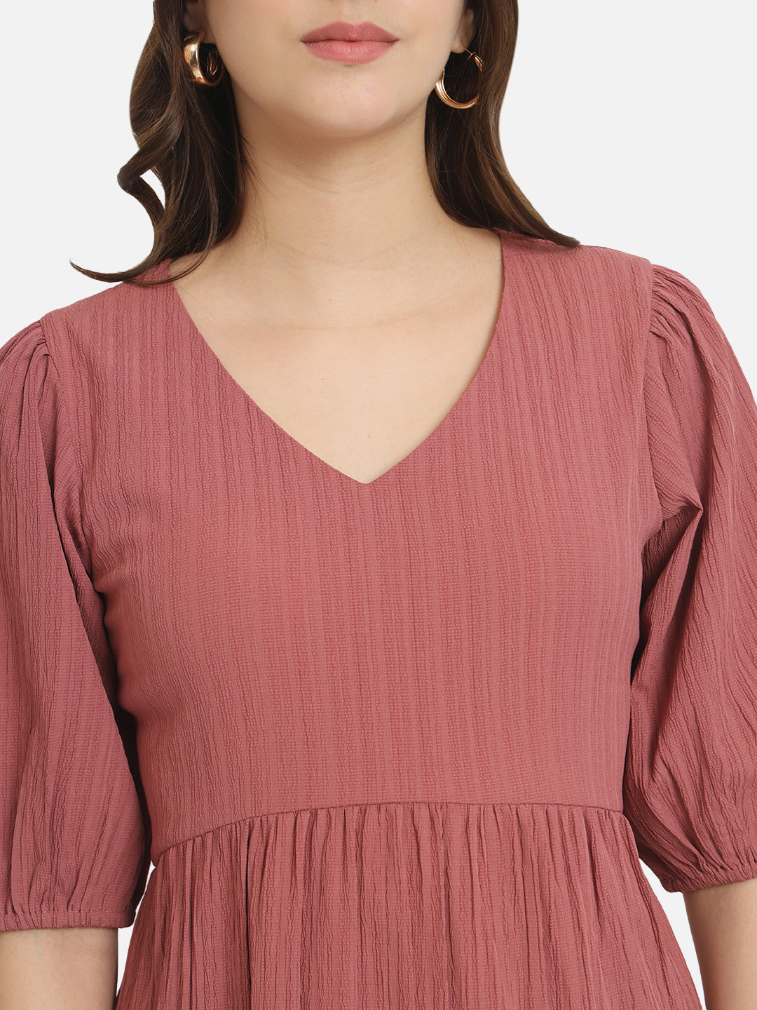 Solid Pink V-Neck Dress for Women