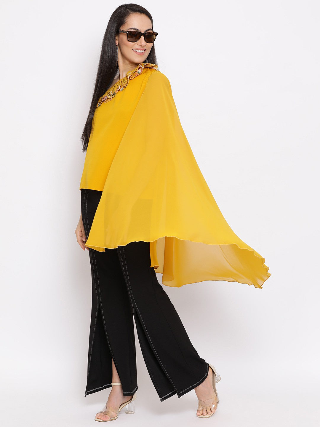 Yellow Solid Net One Shoulder Sleeve Top for Women
