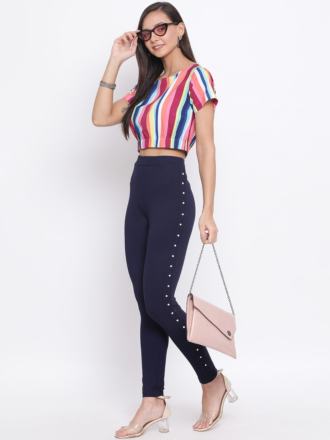 Multicolor Stripe Half Sleeve Crop Top for Women