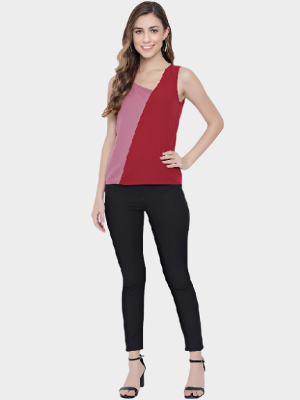 Pink & Red Colorblock Sleeveless Round Neck Top for Women