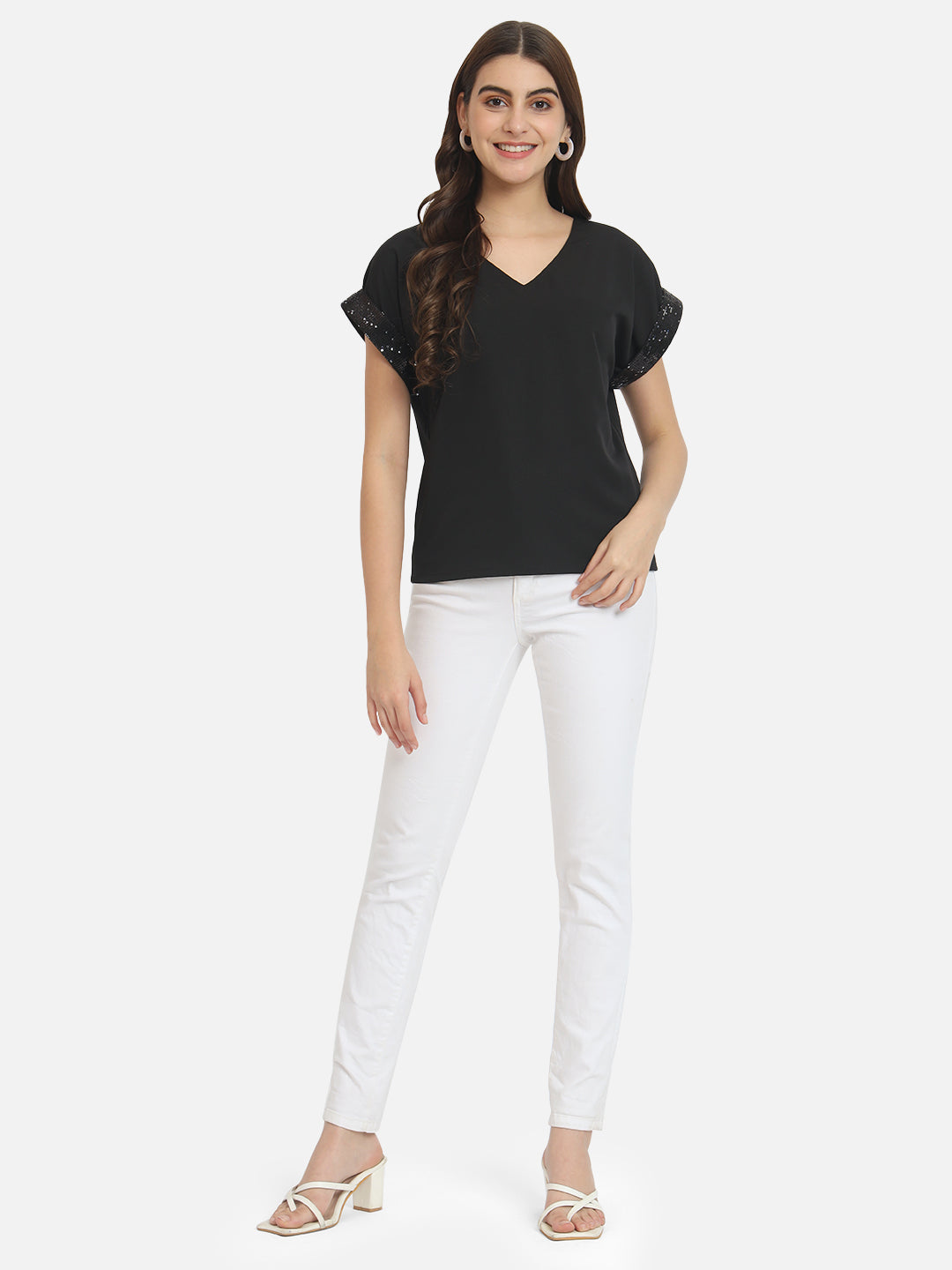 Solid Half Embellished Sleeve Top for Women
