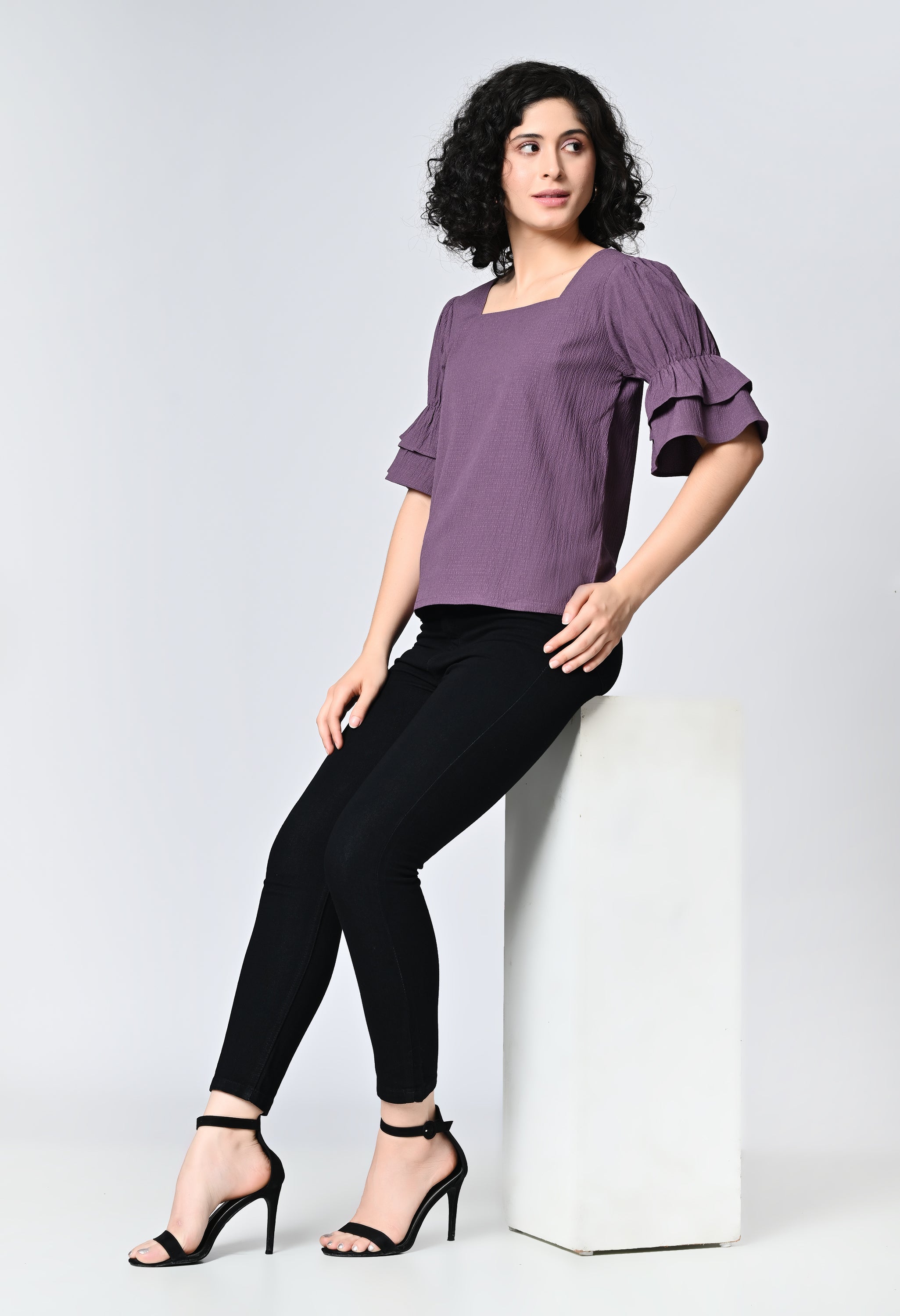 Purple Solid Half Bell Sleeve Top for Women
