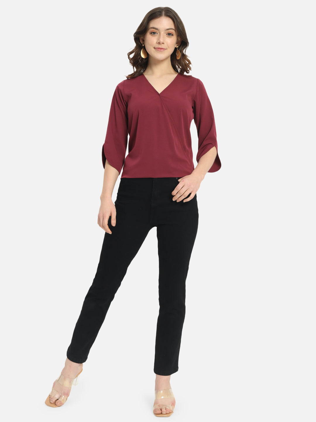 Solid Maroon V-Neck Top for Women