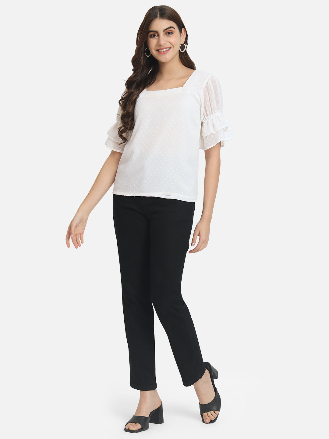 Cream Swiss Dot Square Neck Top for Women