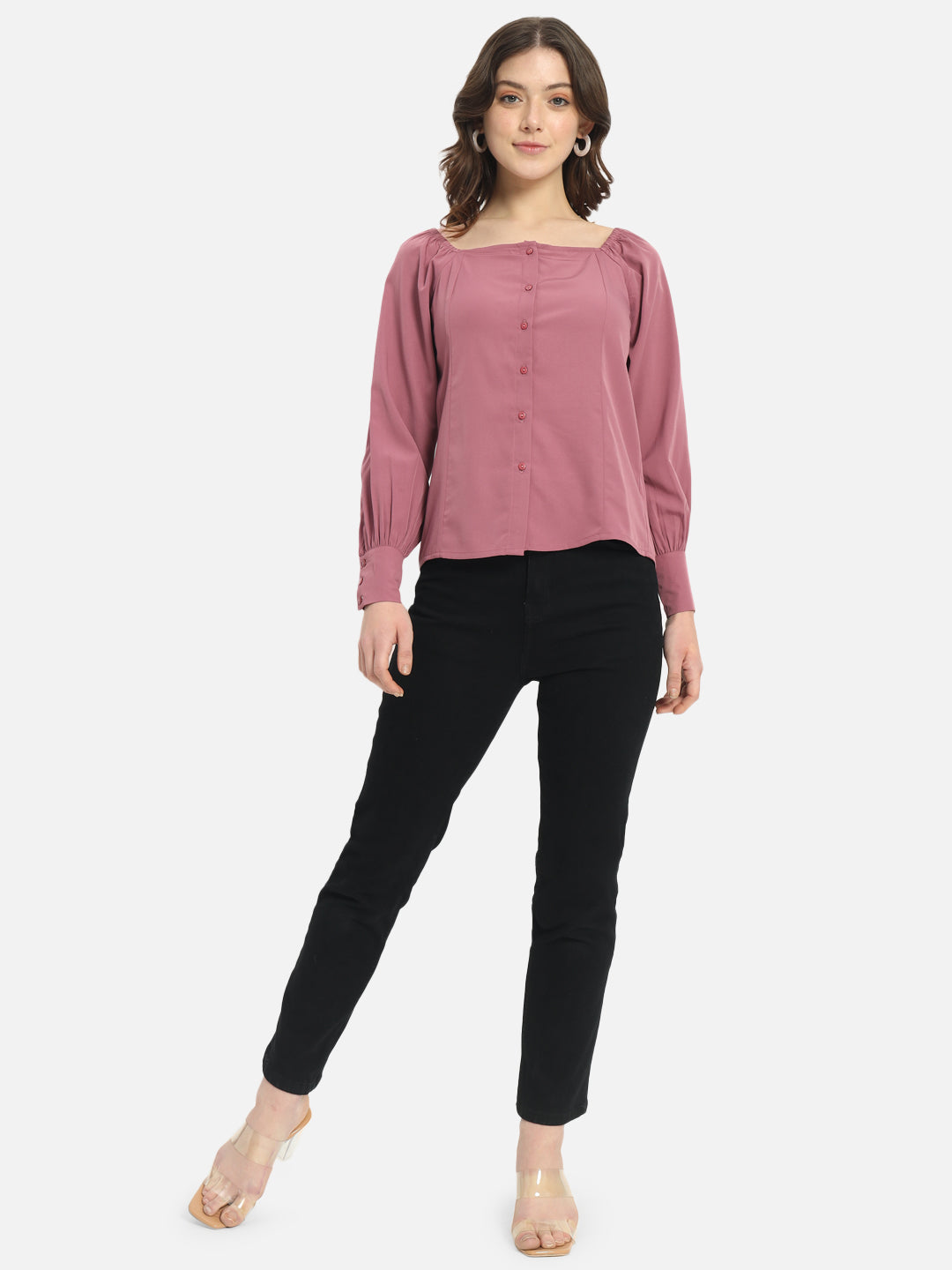Pink Solid Full Cuff Sleeve Shirt for Women