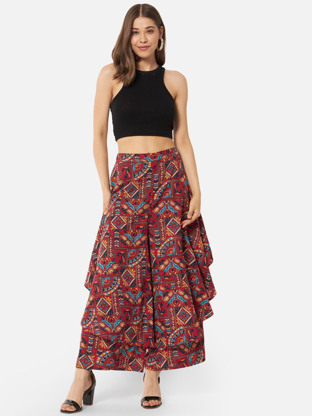 All-Over Printed Loose Fit Poly Crepe Flare Palazzo for Women
