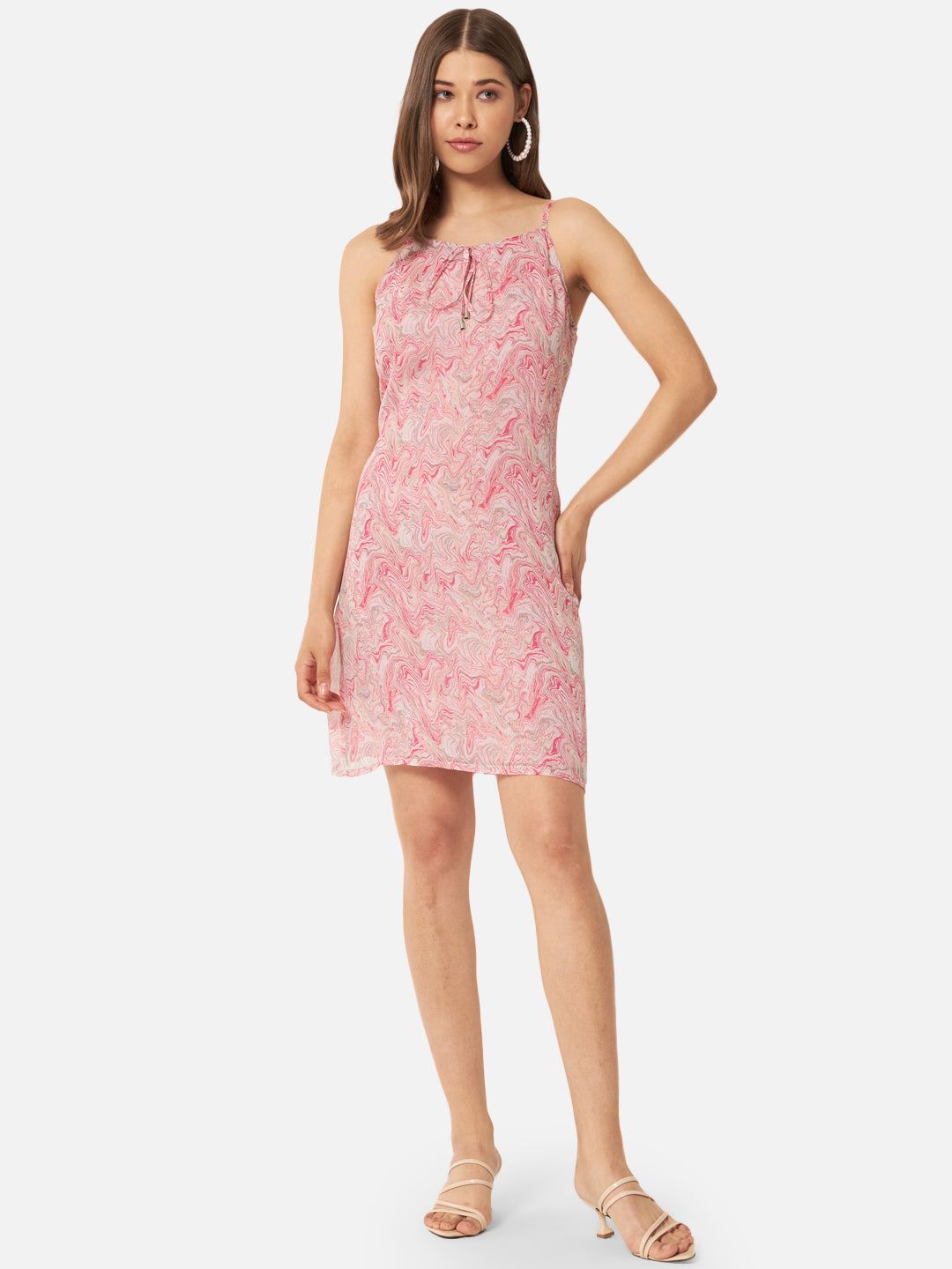 Pink White Tie-Dye Printed Sleeveless Dress for Women