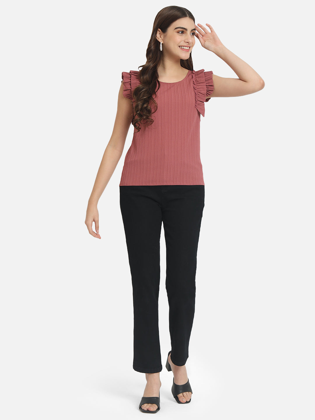 Pink Solid Round Neck Top for Women