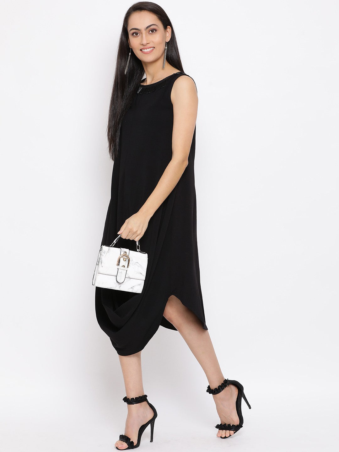 Solid Black Sleeveless Shift Dress for Women