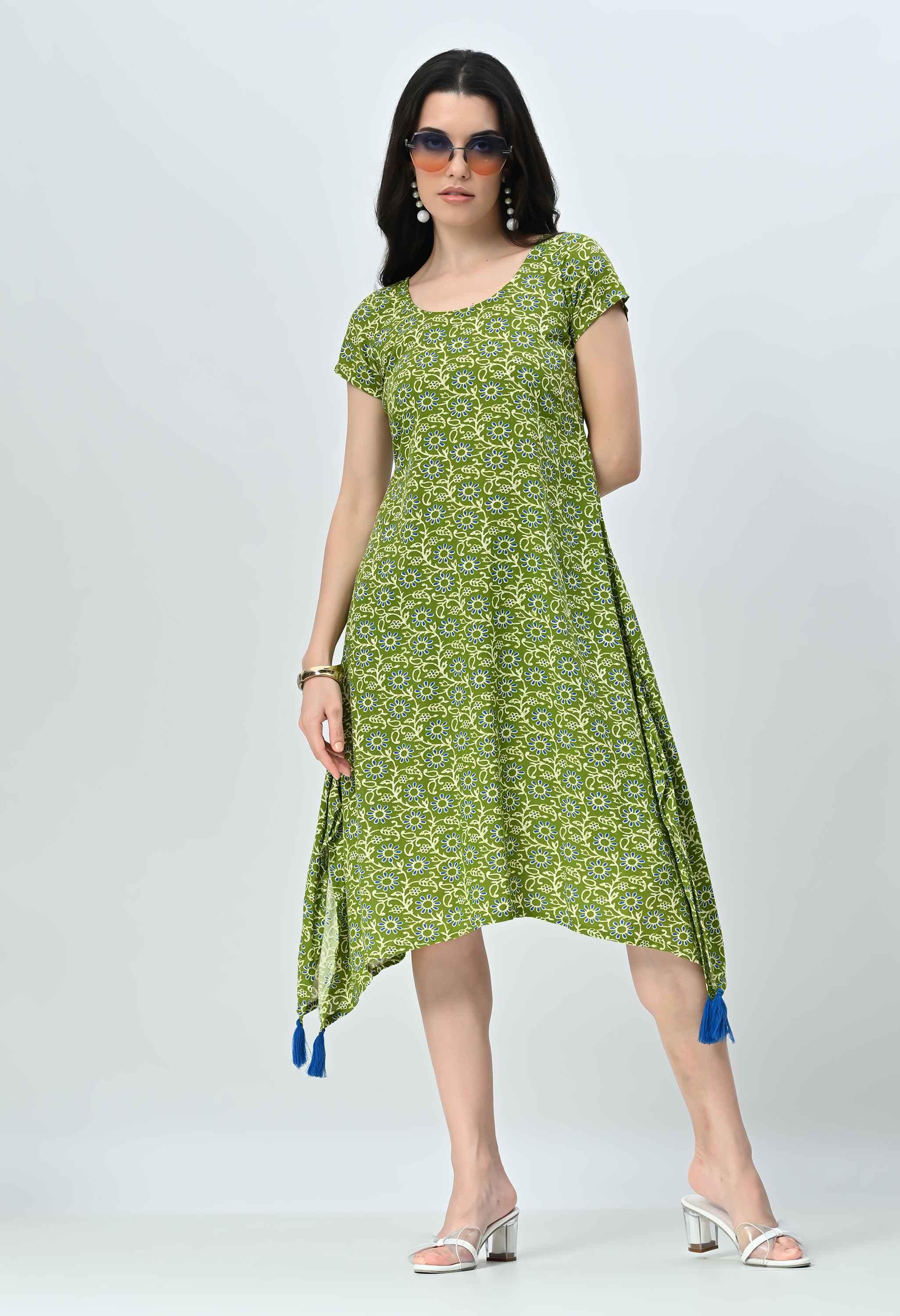 Green Floral Half Sleeve Dress for Women