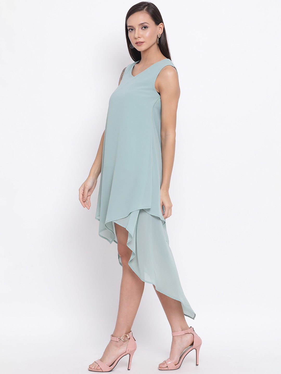 Solid Light Green Sleeveless Dress for Women