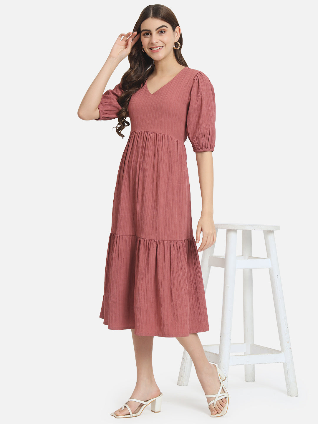 Solid Pink V-Neck Dress for Women
