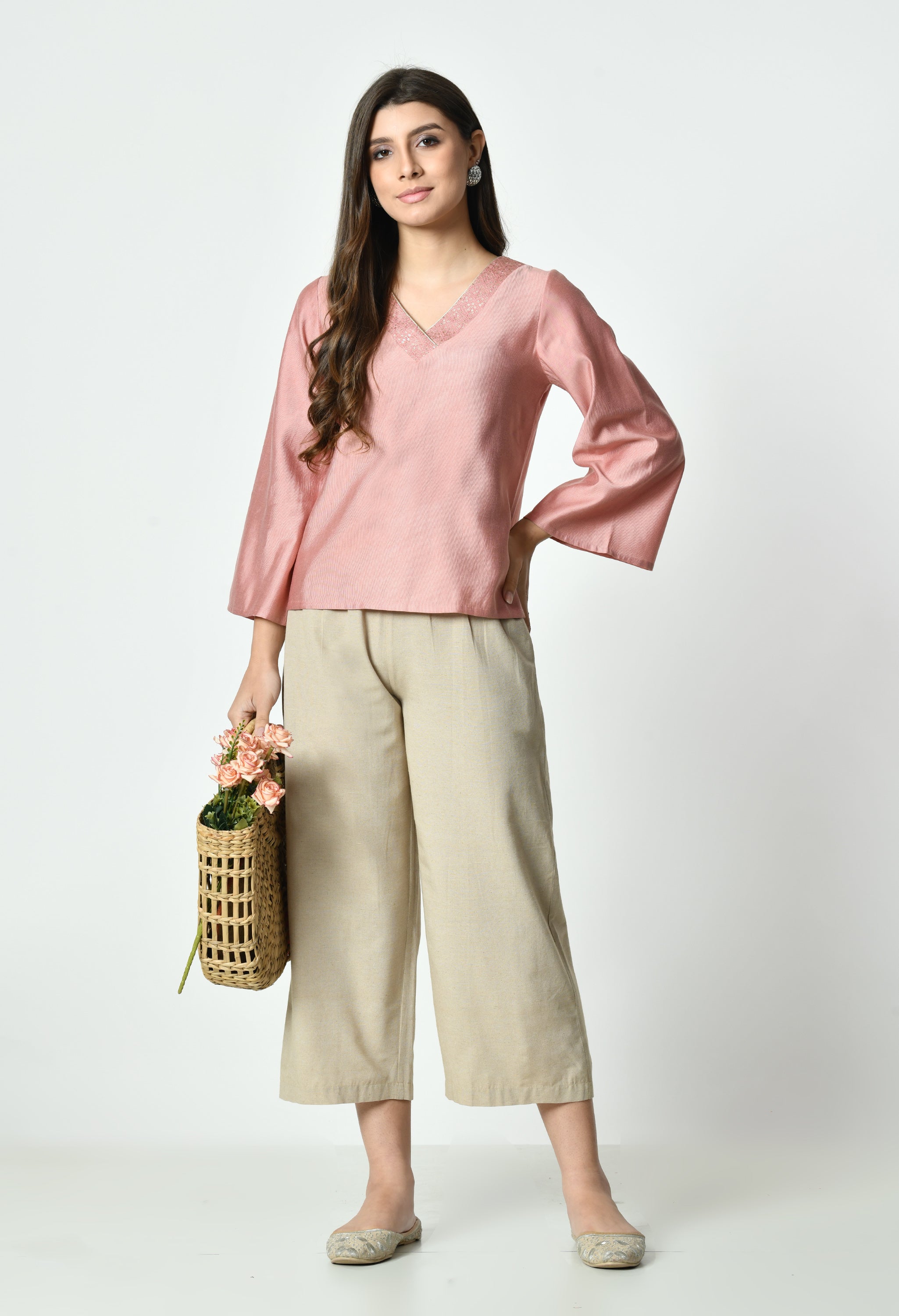 Solid V-Neck Top for Women