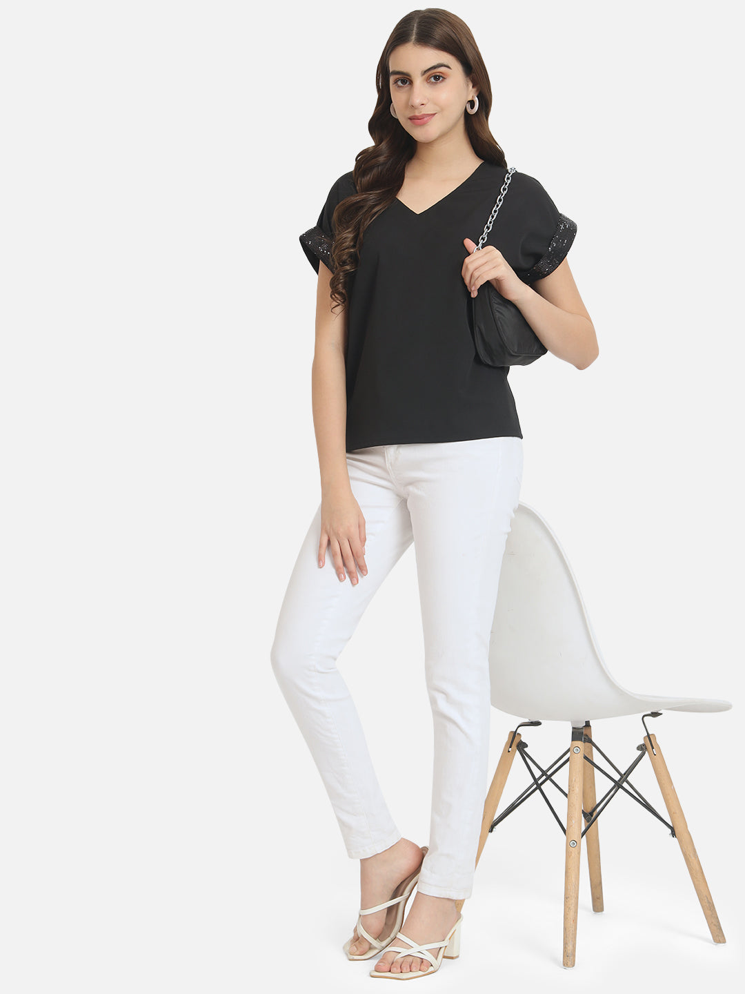 Solid Half Embellished Sleeve Top for Women