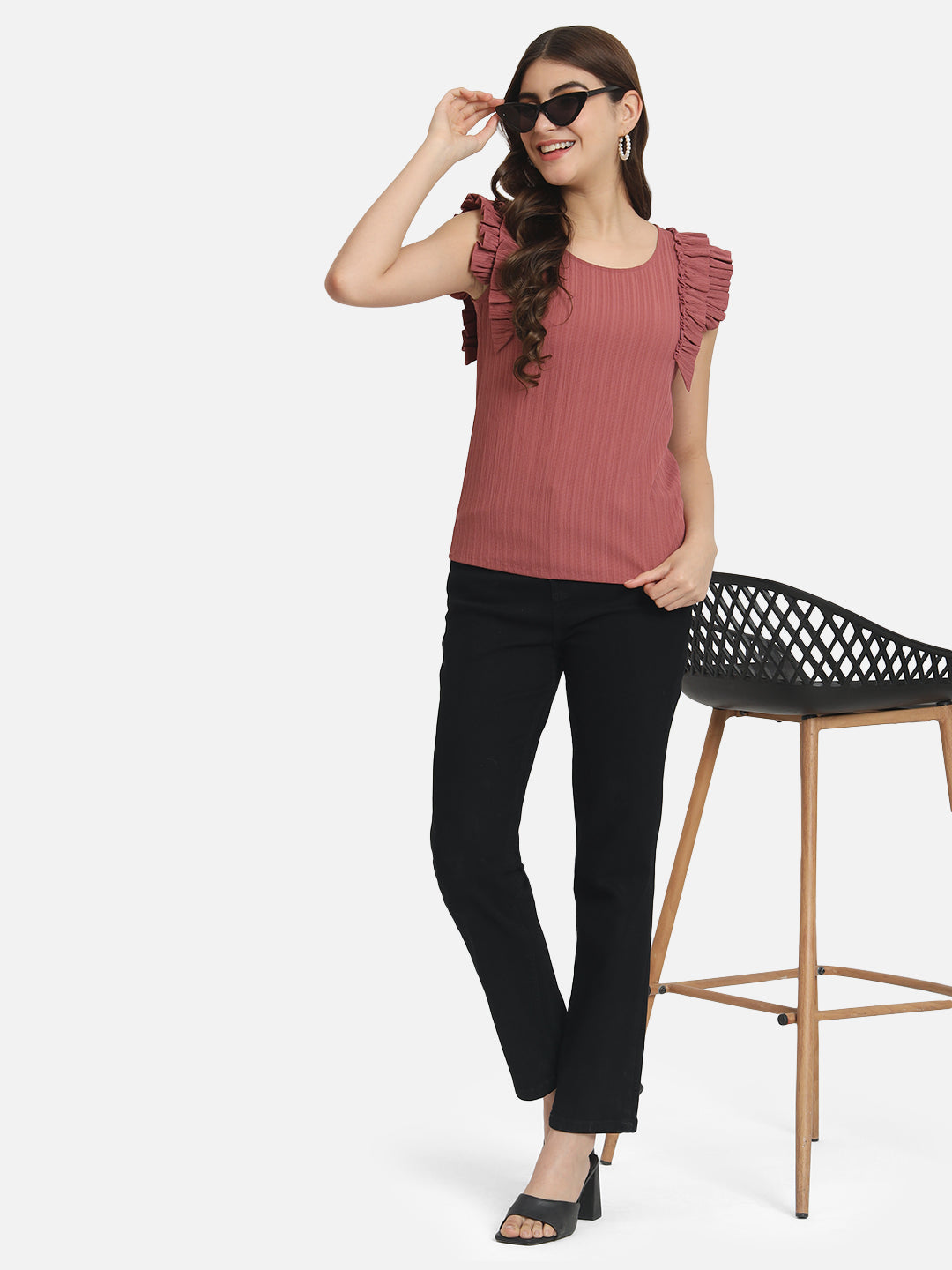 Pink Solid Round Neck Top for Women