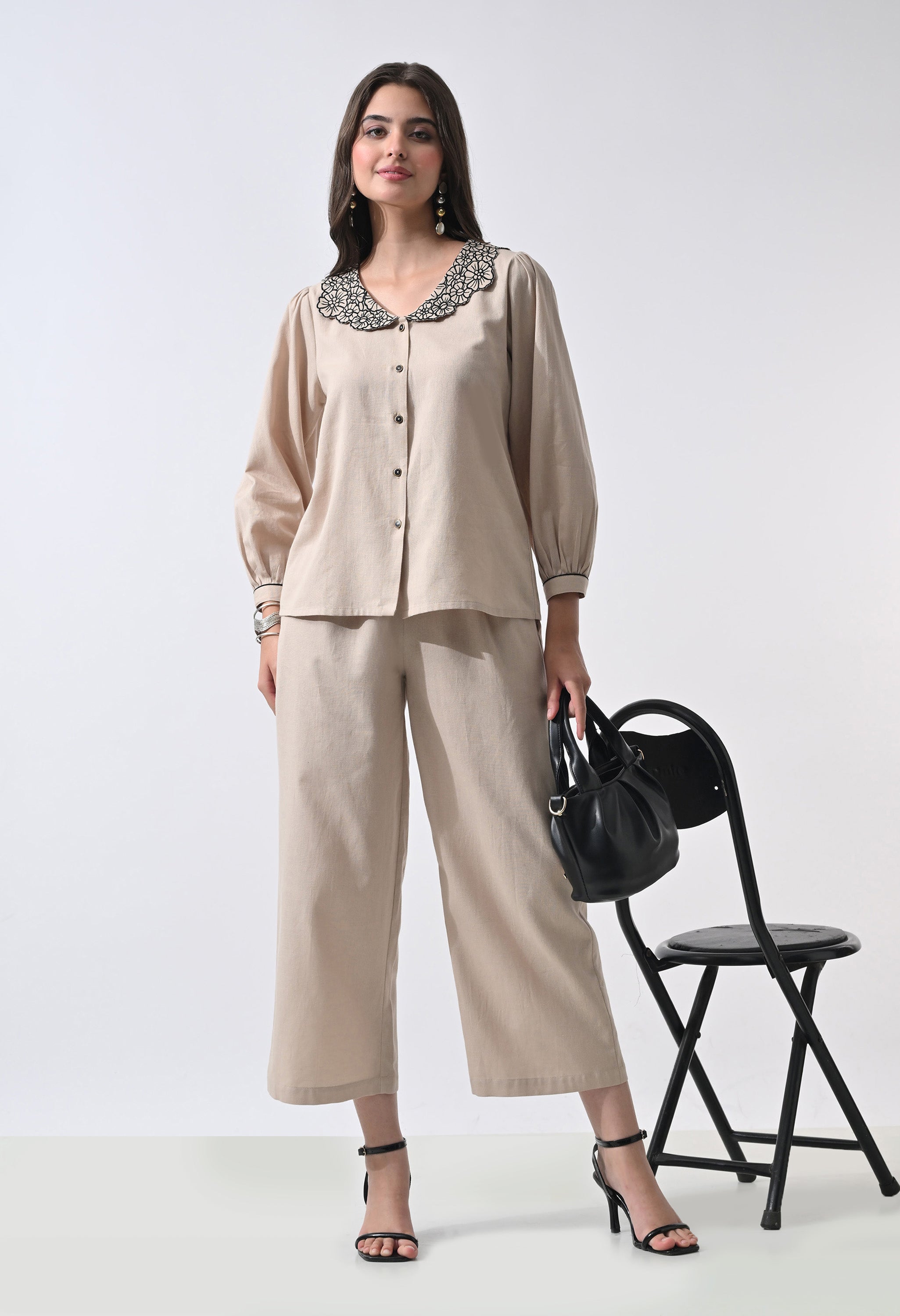 Women’s Beige Floral Embroidery Full Sleeve Top & Palazzo Co-Ord Set