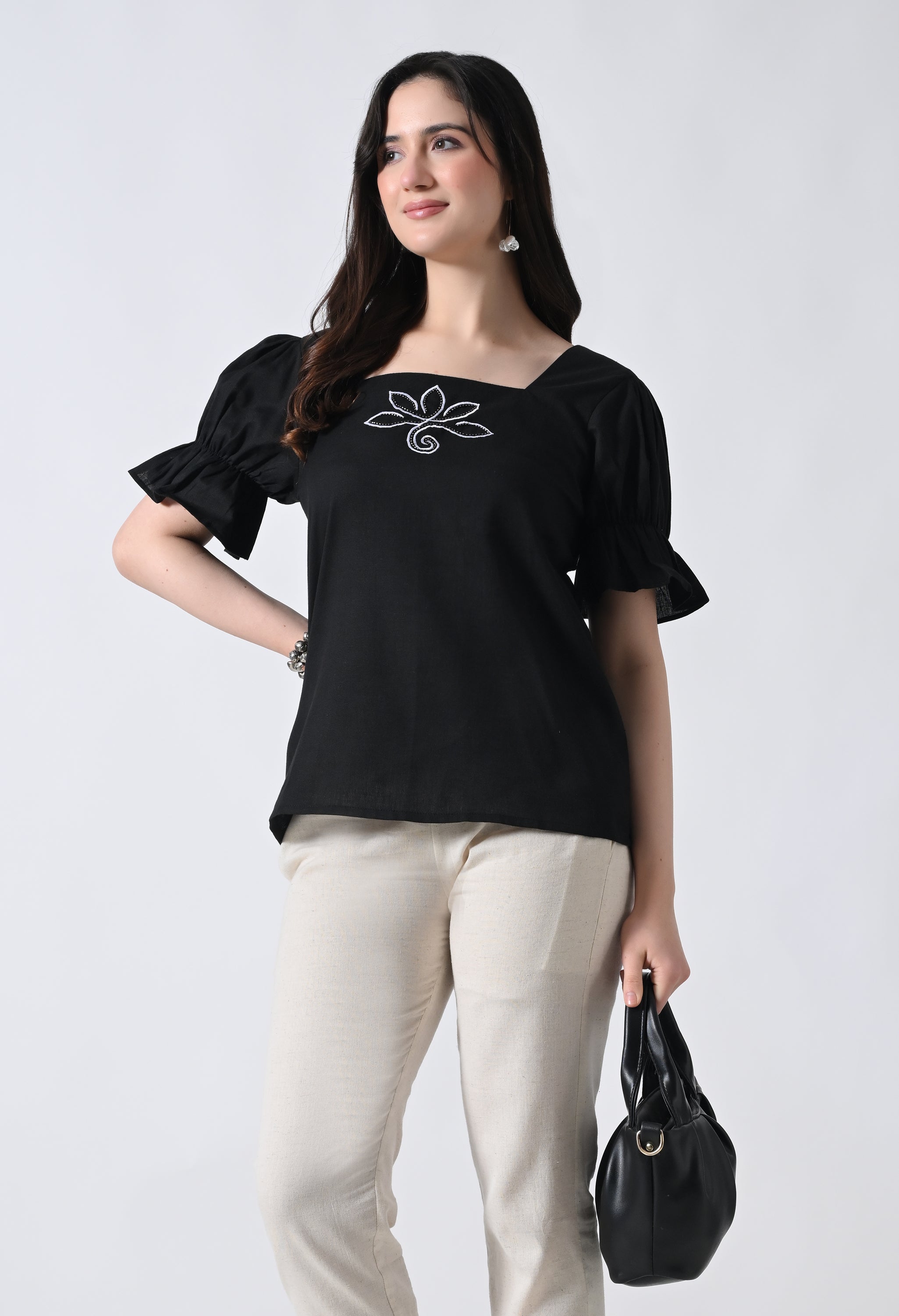 Black Embroidered Bell Sleeve Top for Women