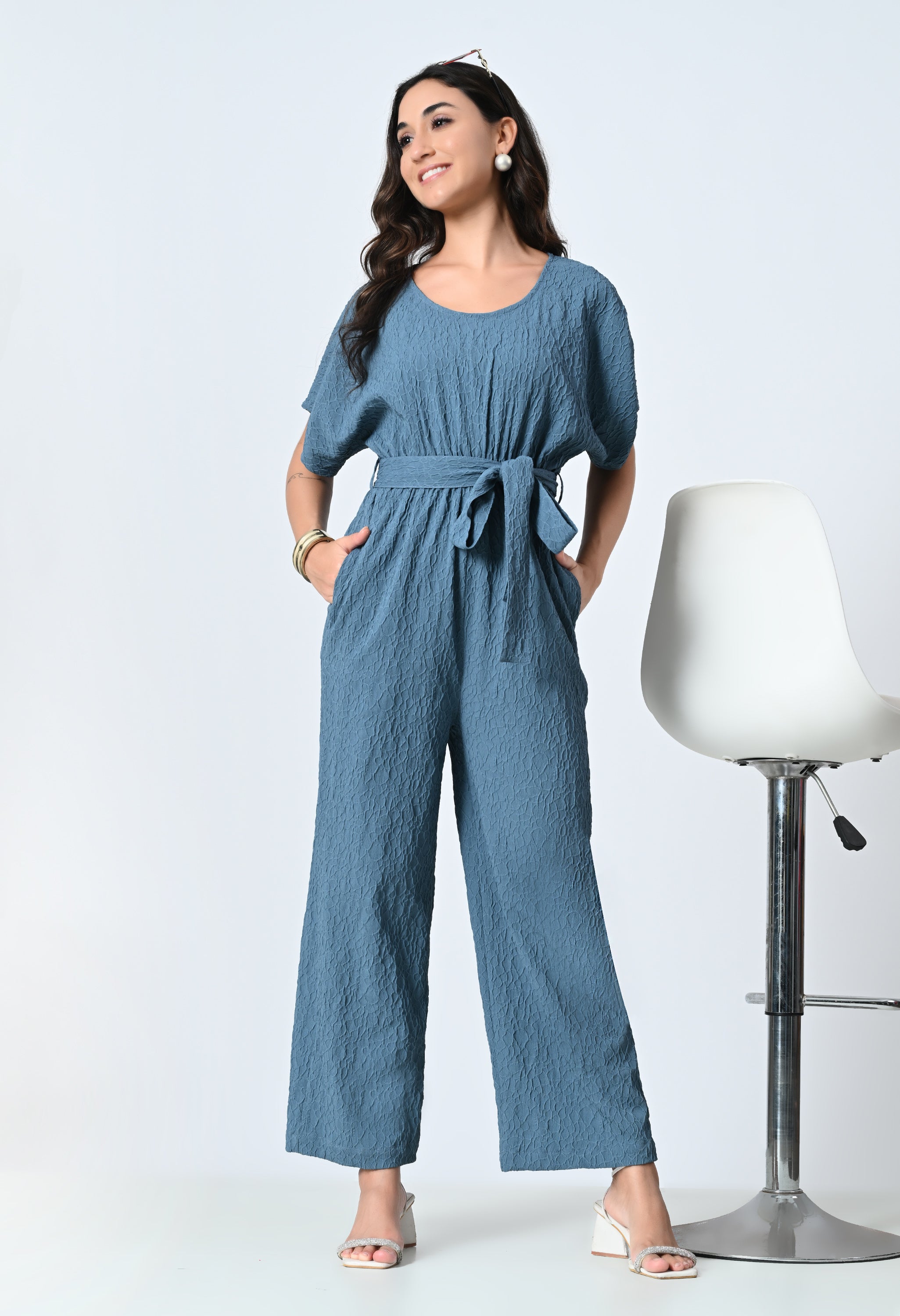 Purple Self Design Half Sleeve Jumpsuit for Women