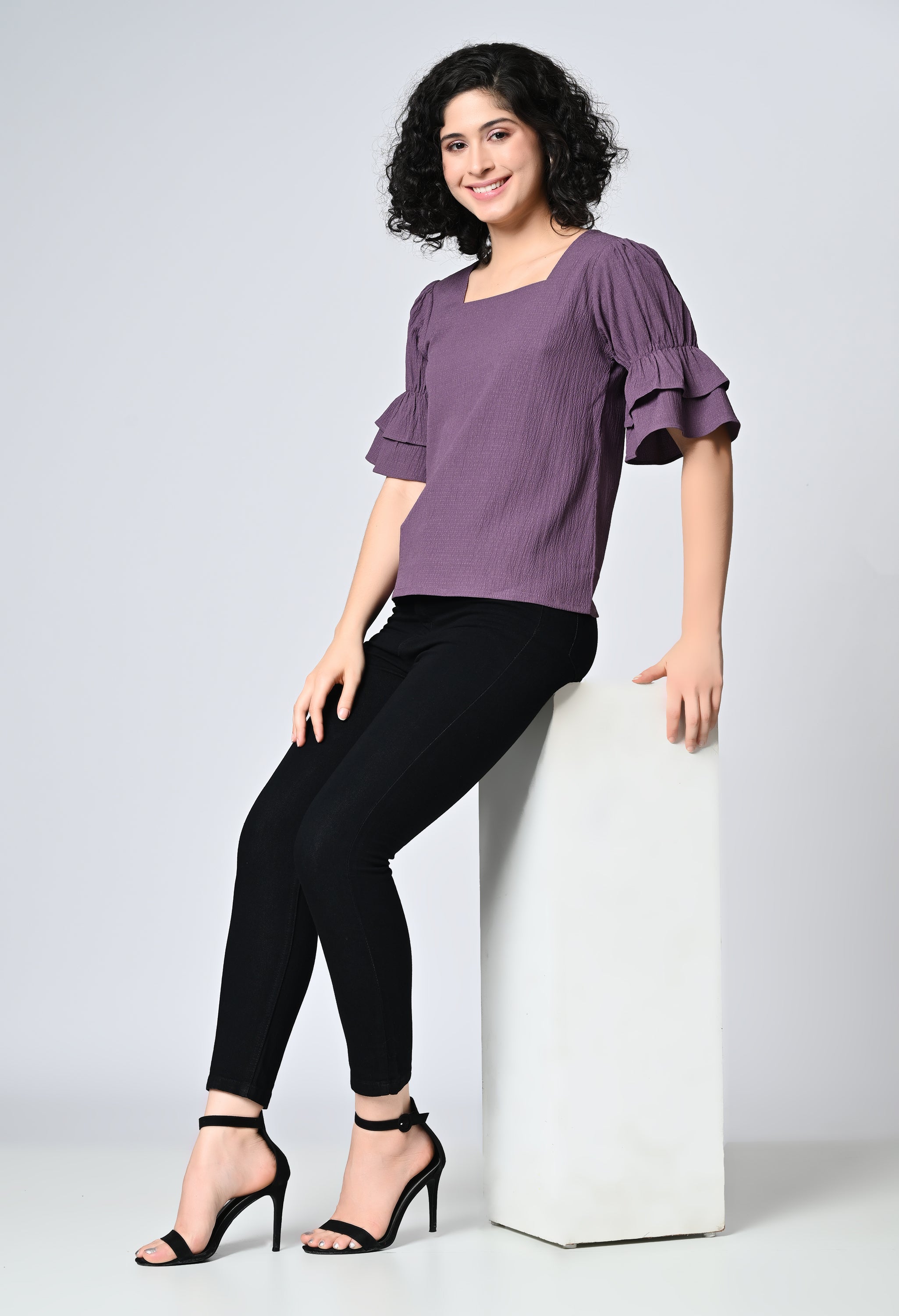 Purple Solid Half Bell Sleeve Top for Women