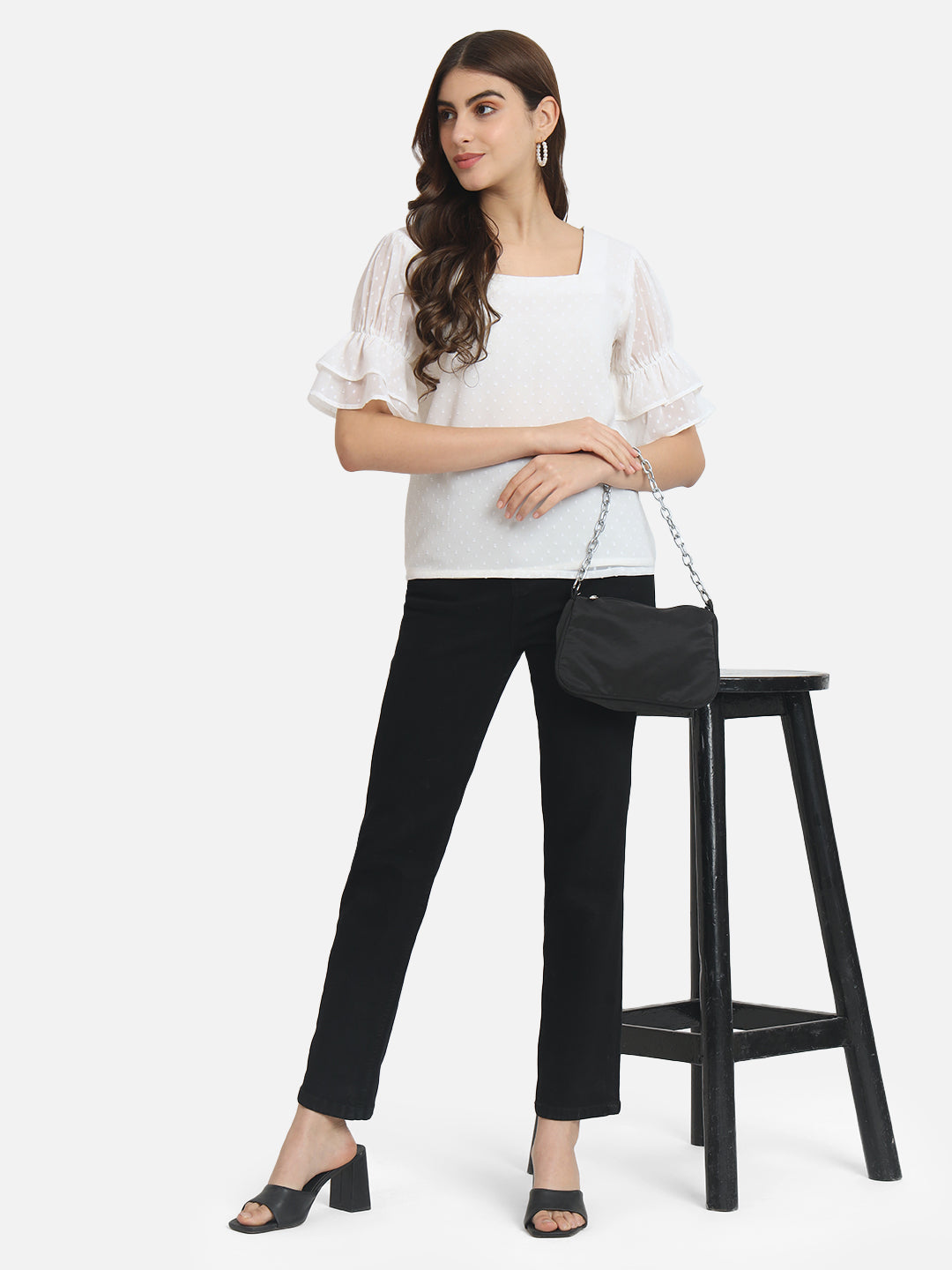 Cream Swiss Dot Square Neck Top for Women