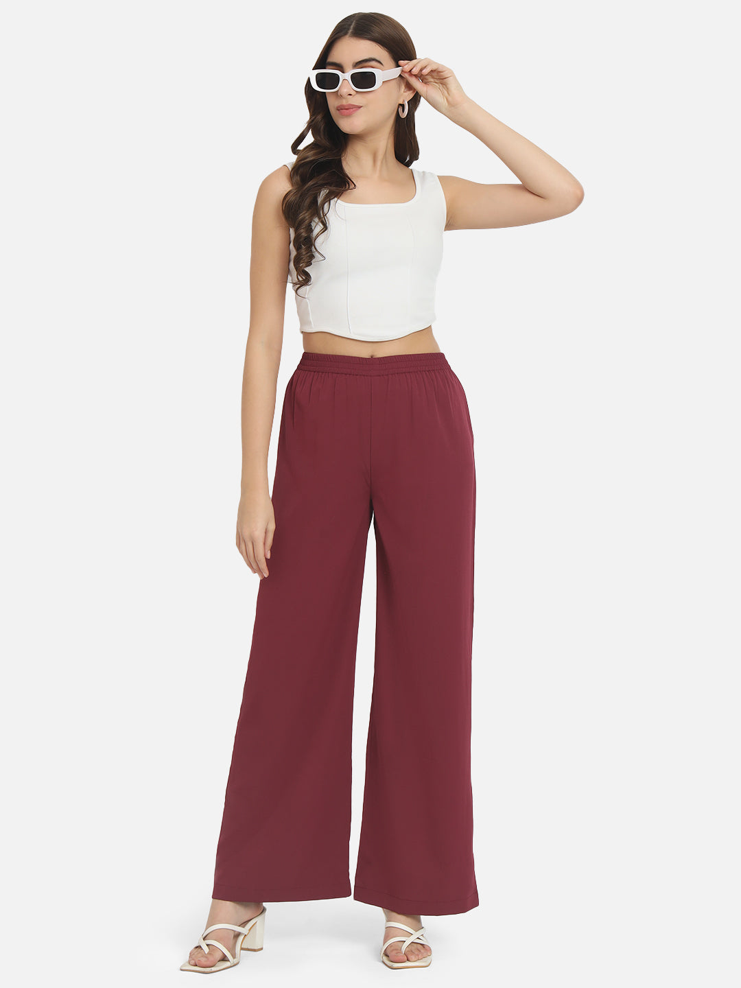 Maroon Solid Regular Fit Straight Palazzo for Women