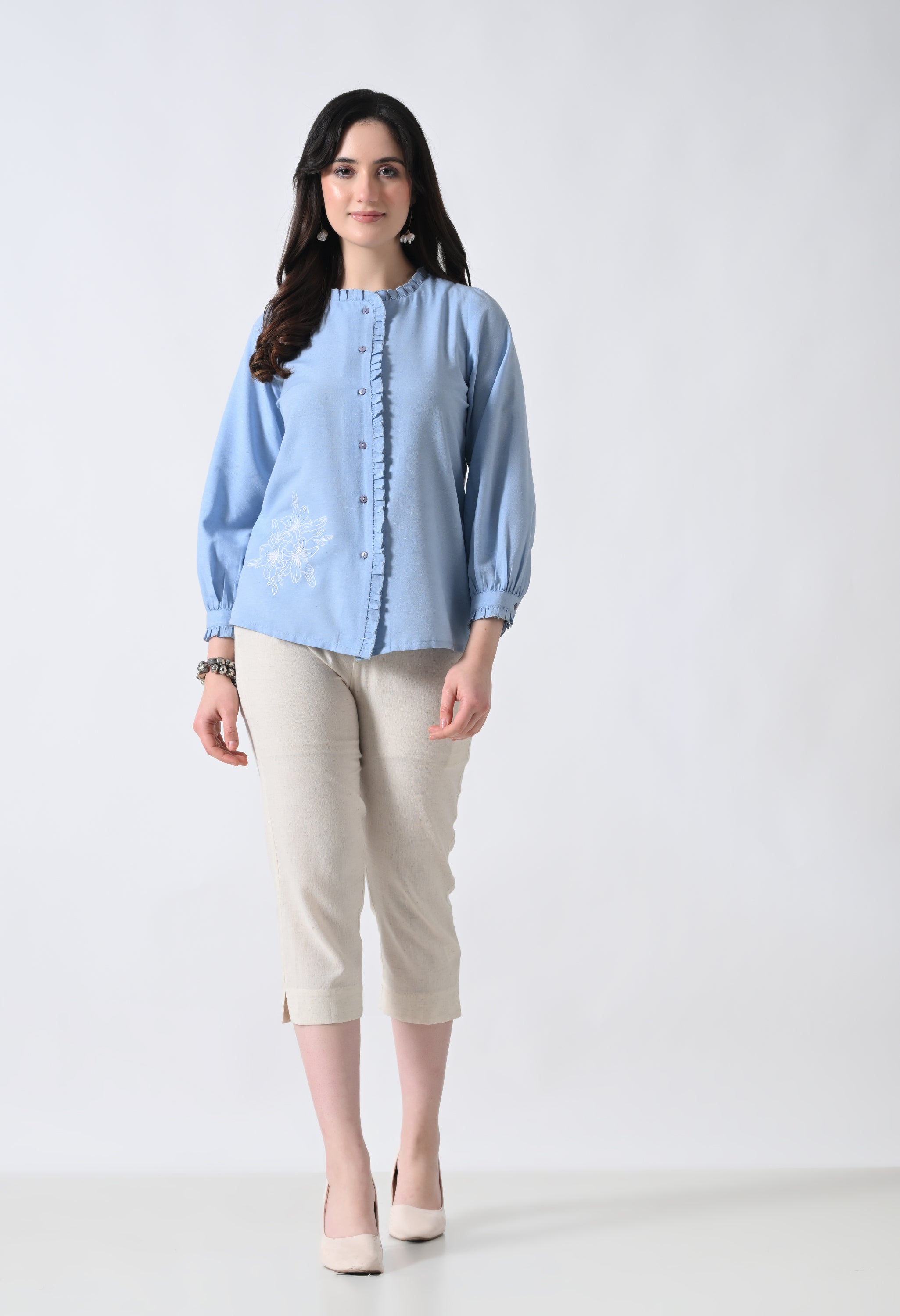 Light Blue Embroidered Shirt Style Top for Women