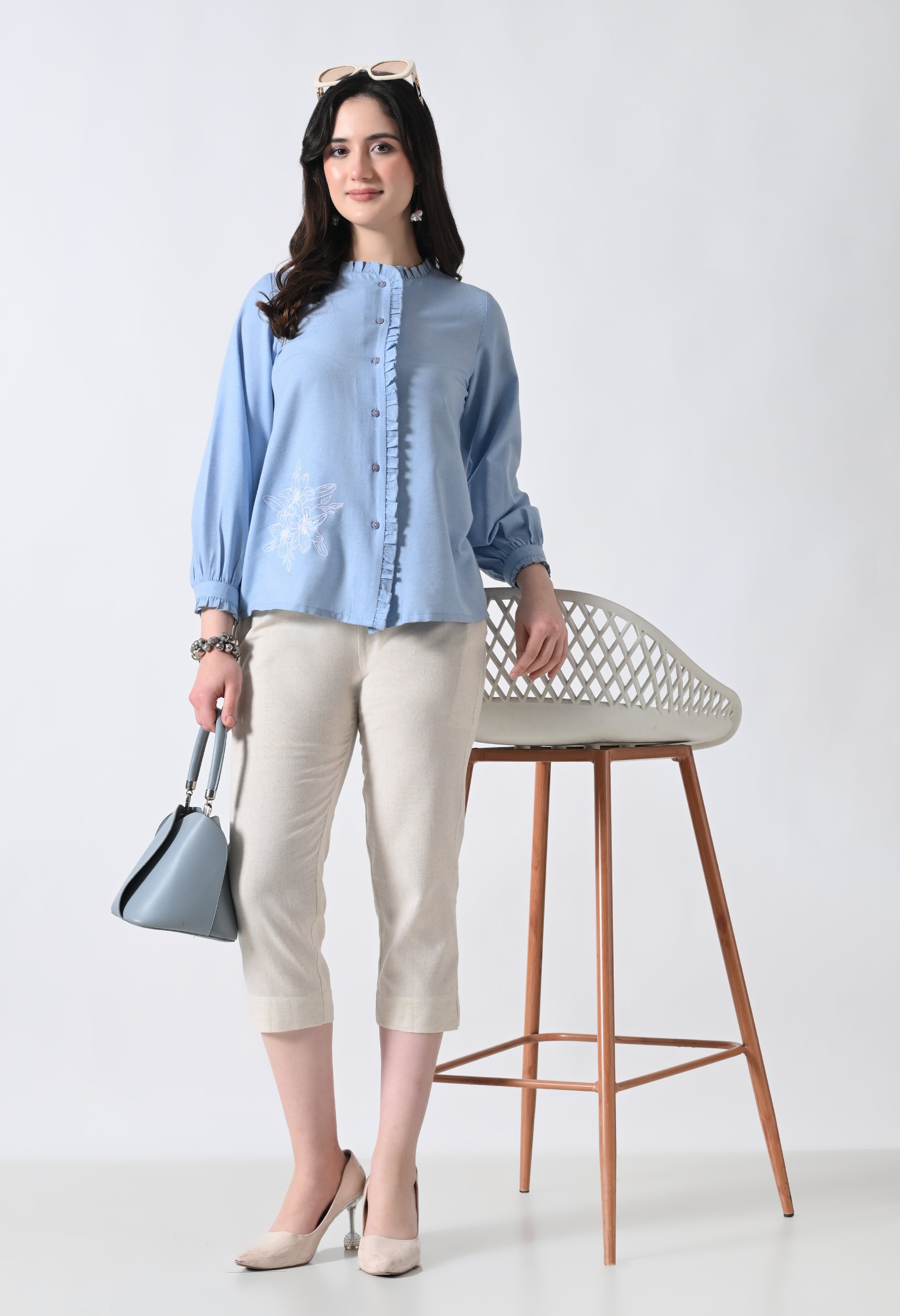 Light Blue Embroidered Shirt Style Top for Women