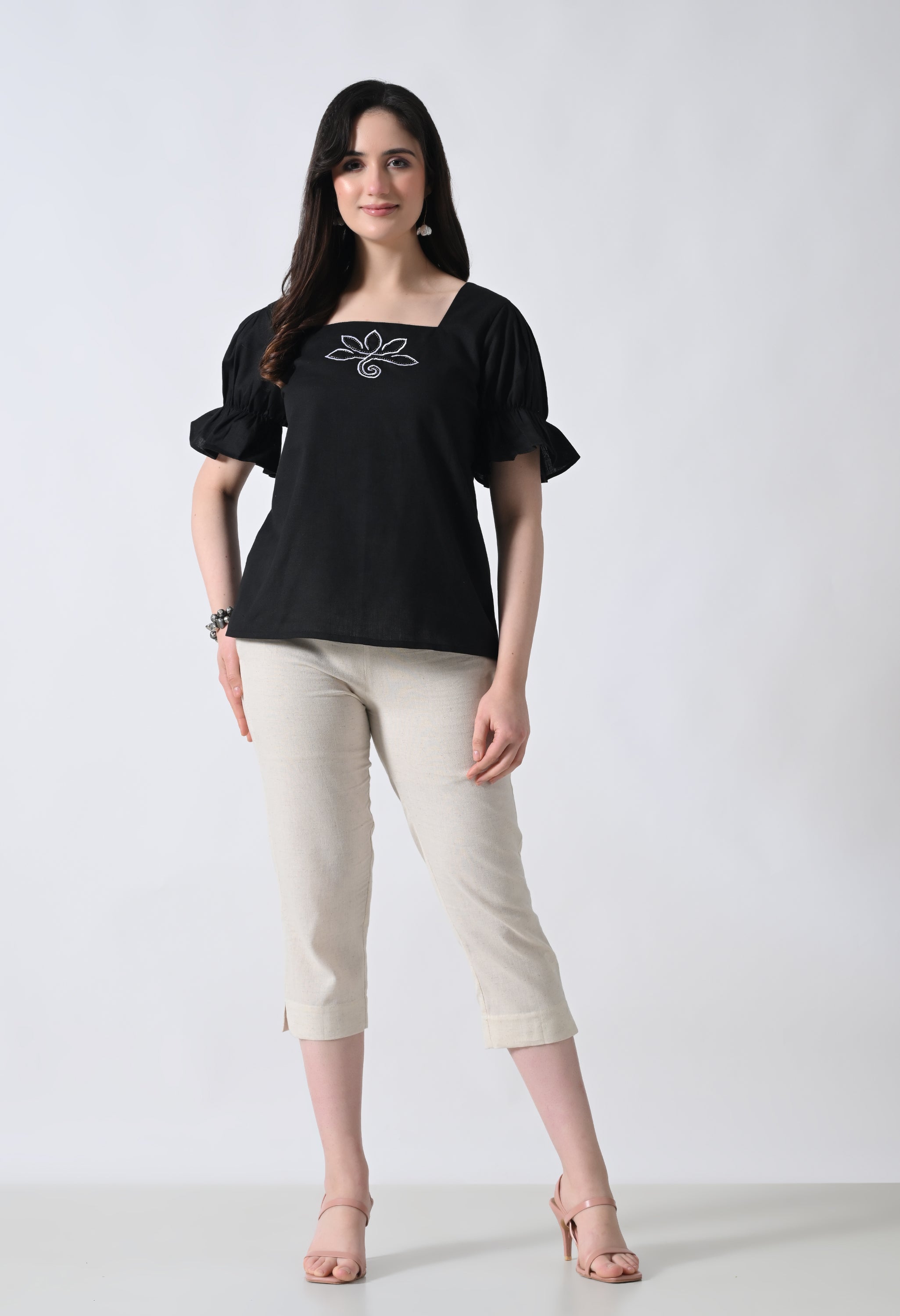 Black Embroidered Bell Sleeve Top for Women
