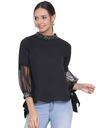 Black Embellished Neck Top for Women