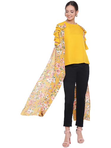 Yellow Long Floral Cut-out Sleeve Top for Women
