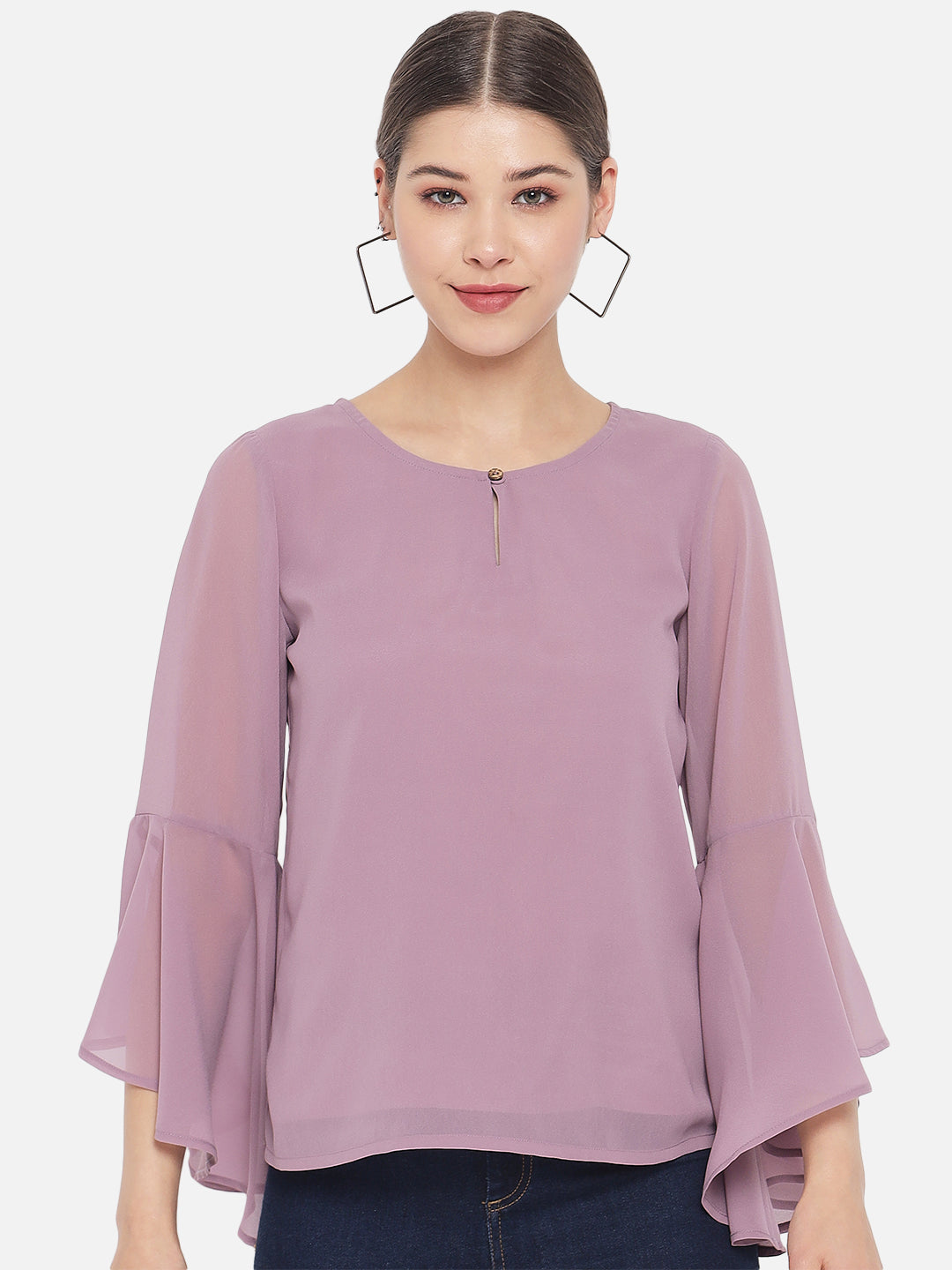 Solid Purple Keyhole Neck Poly Georgette Top for Women