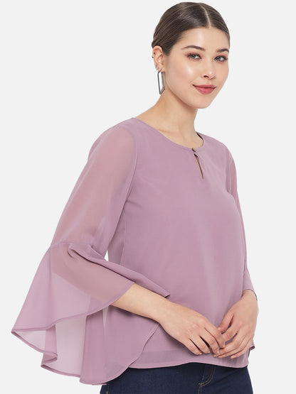 Solid Purple Keyhole Neck Poly Georgette Top for Women